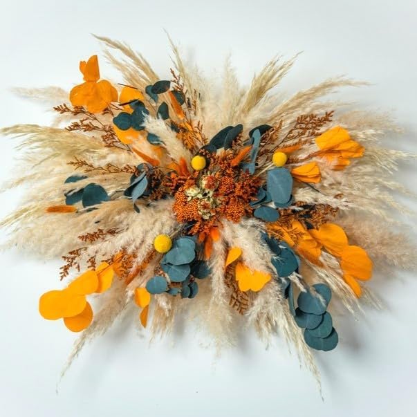 Natural Dried Flower Wall Hanging, Pampas Grass Decor,35-Inch Boho Pampas Grass, Pink Bunny Tails, Palm Leaves, Wedding Arch Decor