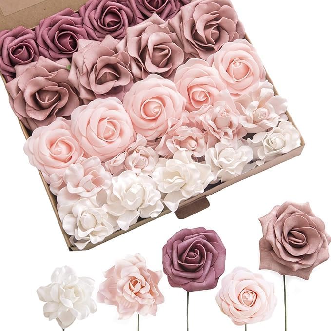 Ling's Moment Artificial Flowers Fake Roses Faux Peony Foam Gardenia Combo for DIY Wedding Bouquets Centerpieces Arrangements Bridal Shower Party Home Decorations, Purple, 23pcs