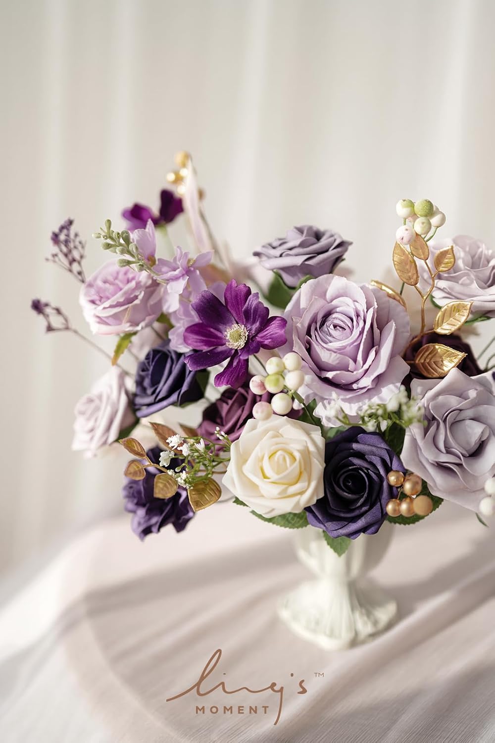 Ling's Moment Artificial Flowers Fake Roses Faux Peony Foam Gardenia Combo for DIY Wedding Bouquets Centerpieces Arrangements Bridal Shower Party Home Decorations, Purple, 23pcs