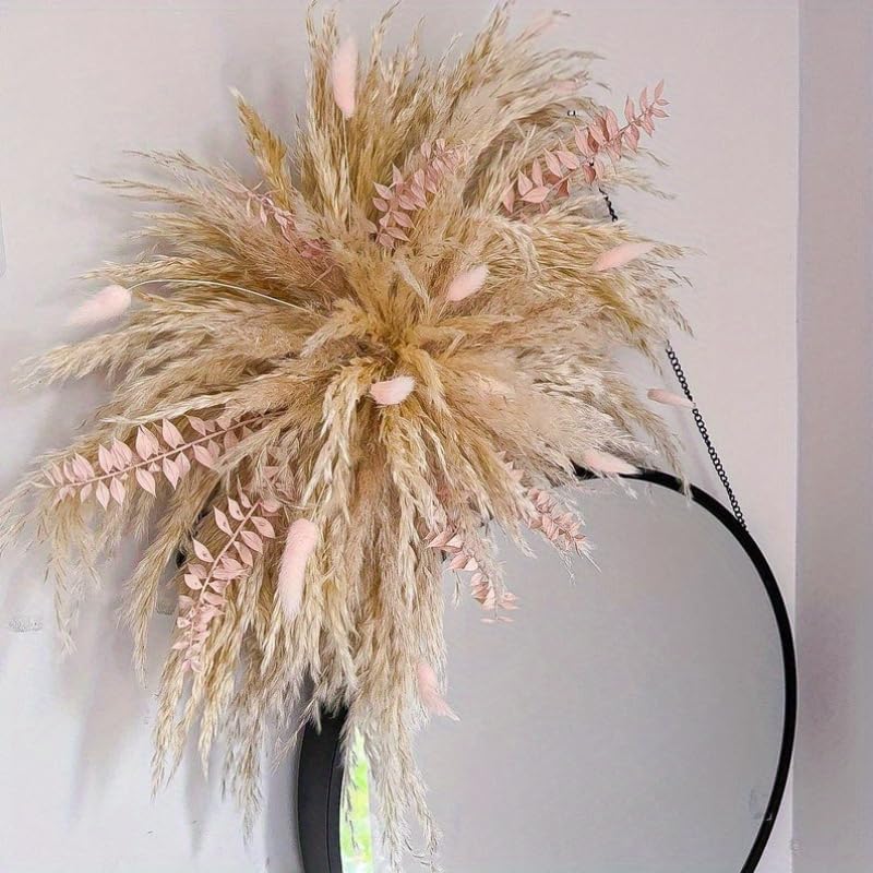 Natural Dried Flower Wall Hanging, Pampas Grass Decor,35-Inch Boho Pampas Grass, Pink Bunny Tails, Palm Leaves, Wedding Arch Decor