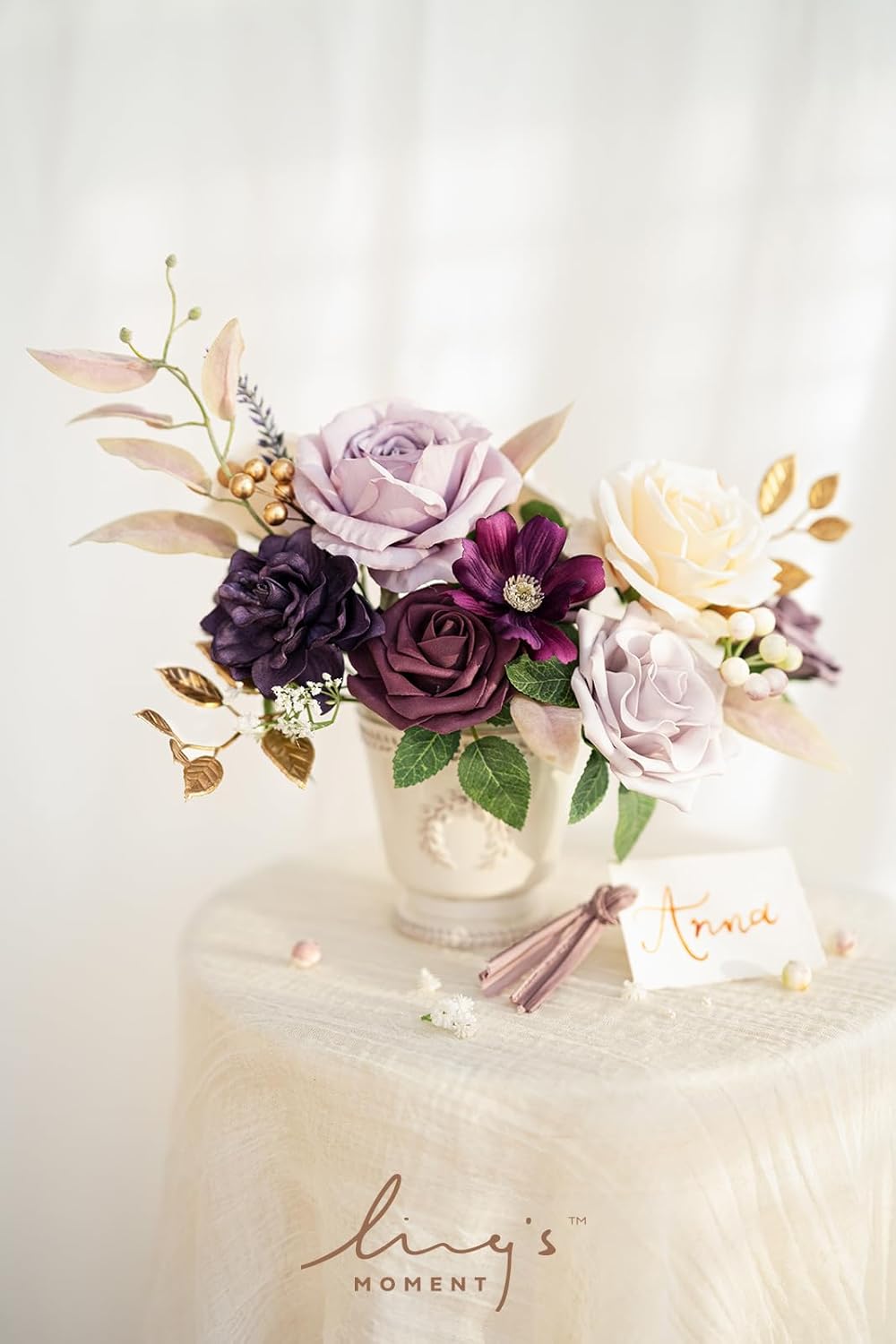 Ling's Moment Artificial Flowers Fake Roses Faux Peony Foam Gardenia Combo for DIY Wedding Bouquets Centerpieces Arrangements Bridal Shower Party Home Decorations, Purple, 23pcs