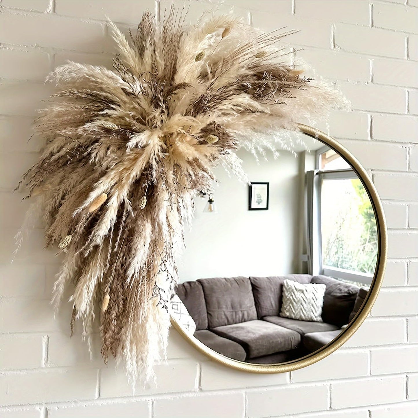 Natural Dried Flower Wall Hanging, Pampas Grass Decor,35-Inch Boho Pampas Grass, Pink Bunny Tails, Palm Leaves, Wedding Arch Decor