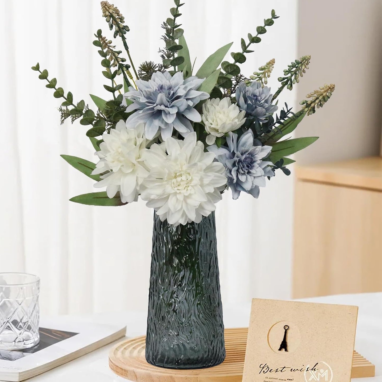 Fake Flowers in Vase,8 Dahlias,Silk Artificial Flowers in Vase,Centerpiece Table Decorations,Faux Flowers in Vase with a Flower Arrangement Holder