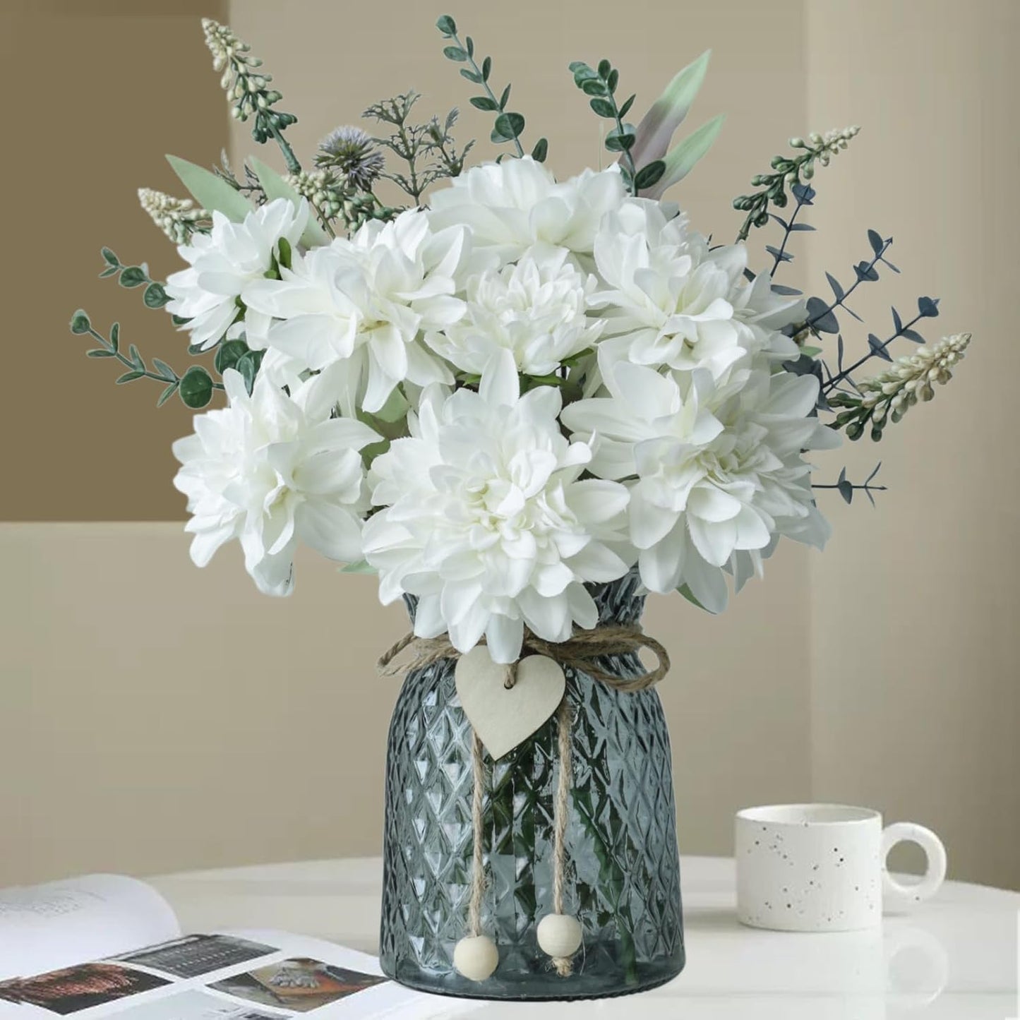 Fake Flowers in Vase,8 Dahlias,Silk Artificial Flowers in Vase,Centerpiece Table Decorations,Faux Flowers in Vase with a Flower Arrangement Holder