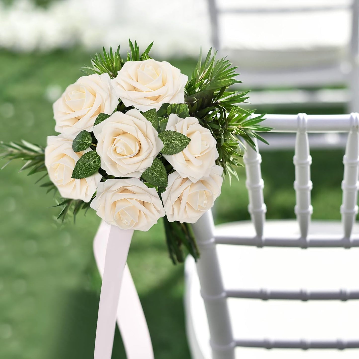 Mocoosy 50Pcs Rose Artificial Flowers, Cream White Fake Roses for Decorations, Real Touch Beige Foam Rose Bulk with Stems DIY Wedding Bouquets Floral Arrangements Bridal Shower Party Home Table Decor