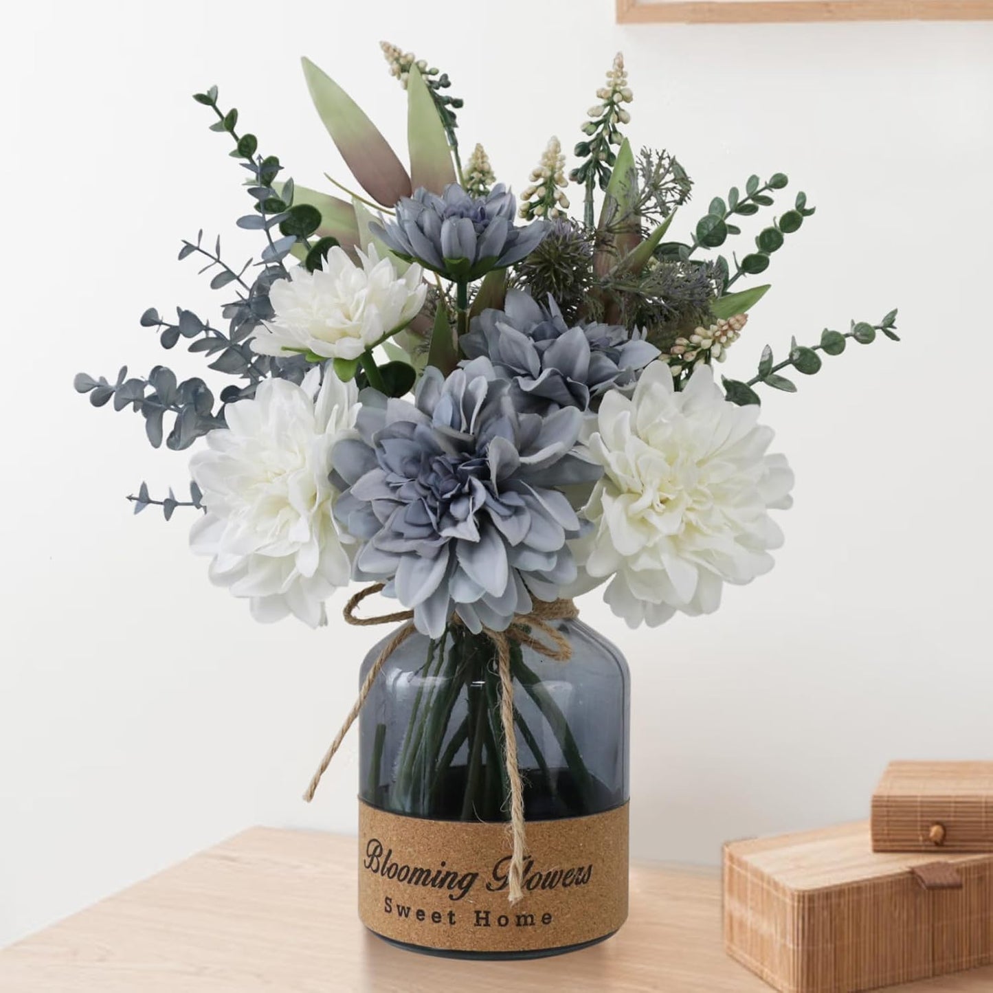 Fake Flowers in Vase,8 Dahlias,Silk Artificial Flowers in Vase,Centerpiece Table Decorations,Faux Flowers in Vase with a Flower Arrangement Holder