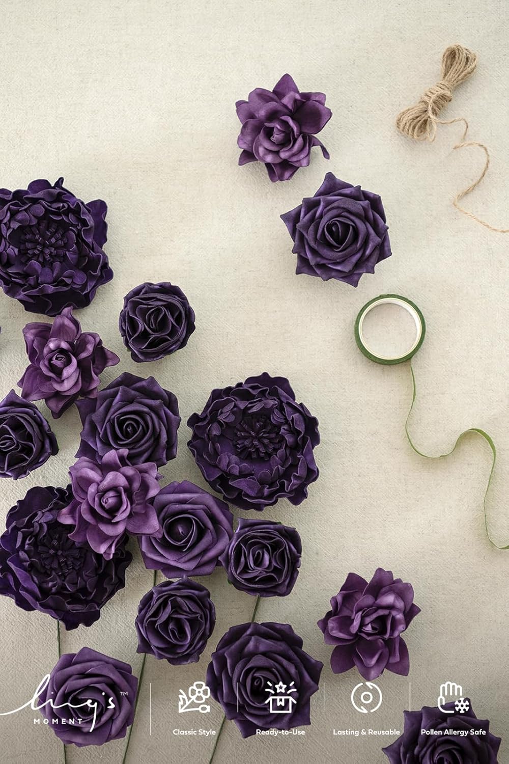 Ling's Moment Artificial Flowers Fake Roses Faux Peony Foam Gardenia Combo for DIY Wedding Bouquets Centerpieces Arrangements Bridal Shower Party Home Decorations, Purple, 23pcs