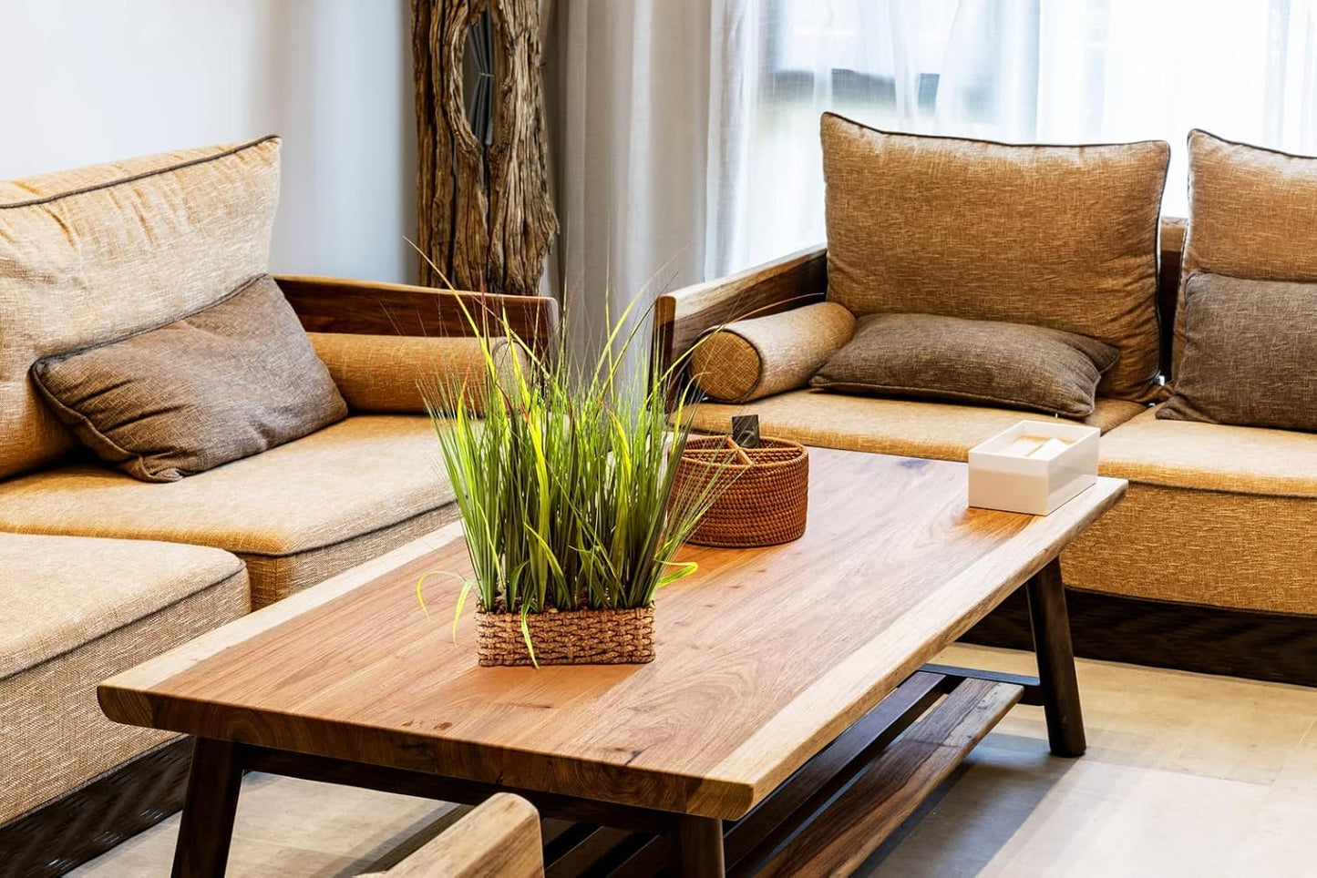 AlphaAcc 20 inch Evergreen Sea Grass Plant in Leather Woven Planter Realistic Looking Fake Plants Wheat Grass Farmhouse Faux Plant for Home Kitchen Bathroom Bedroom Decor