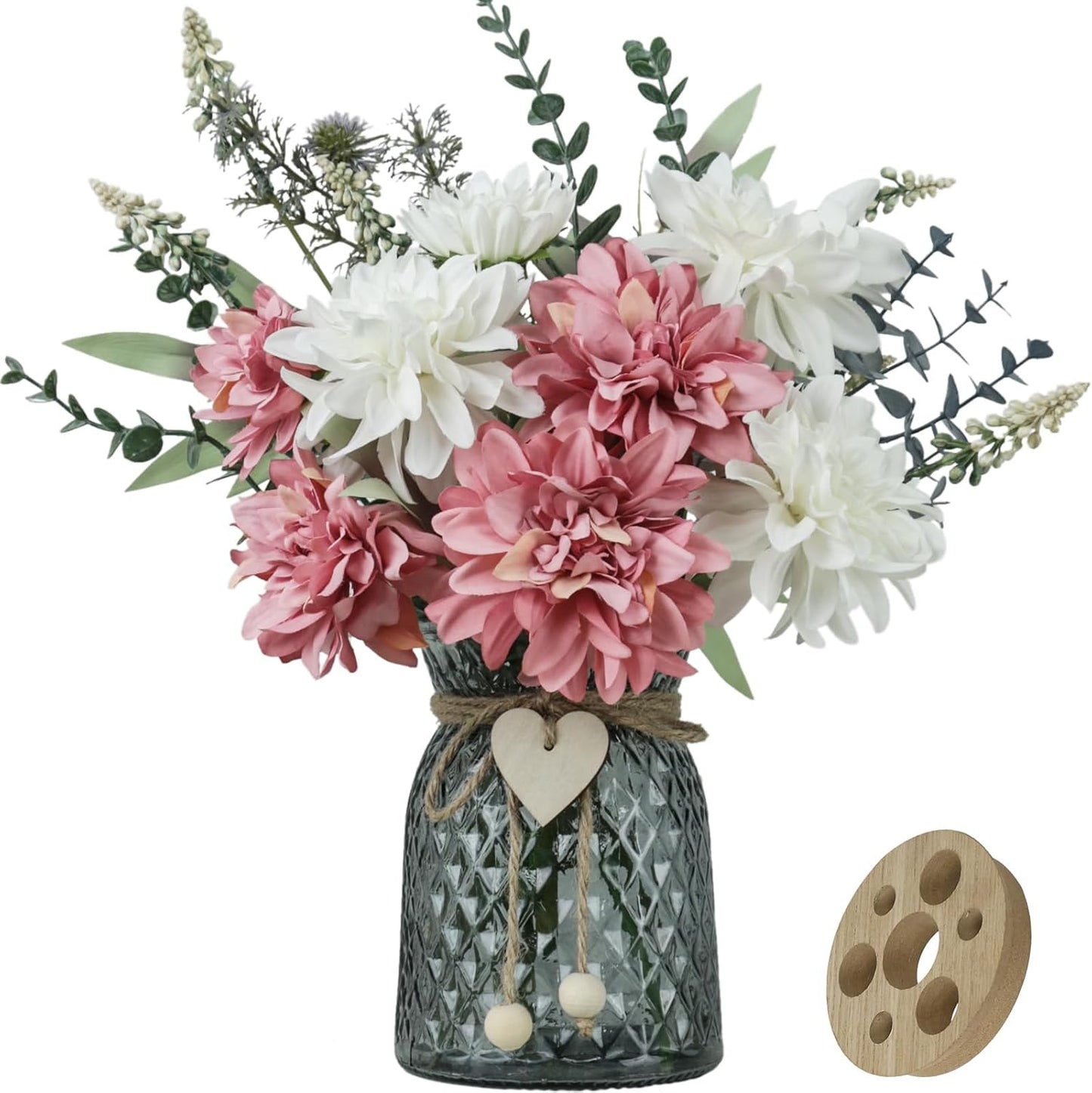 Fake Flowers in Vase,8 Dahlias,Silk Artificial Flowers in Vase,Centerpiece Table Decorations,Faux Flowers in Vase with a Flower Arrangement Holder