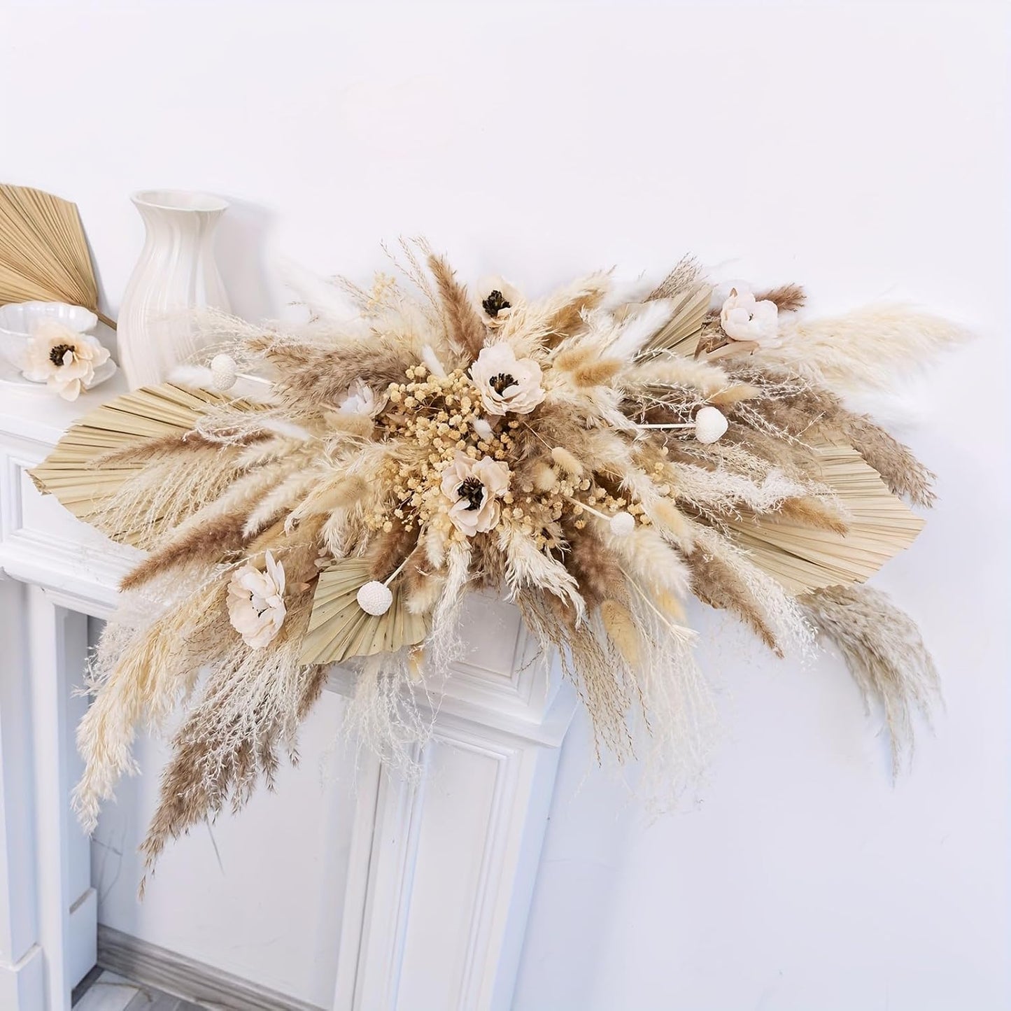 Natural Dried Flower Wall Hanging, Pampas Grass Decor,35-Inch Boho Pampas Grass, Pink Bunny Tails, Palm Leaves, Wedding Arch Decor