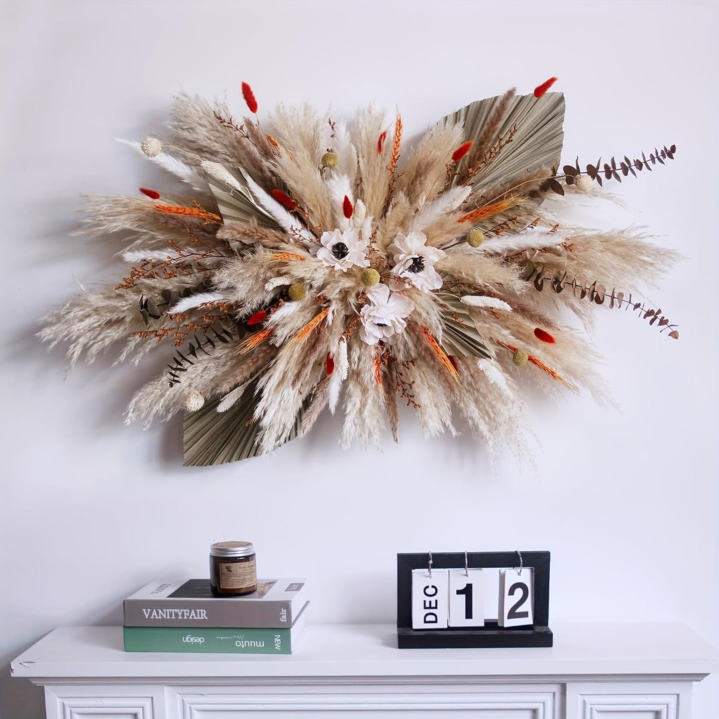 Natural Dried Flower Wall Hanging, Pampas Grass Decor,35-Inch Boho Pampas Grass, Pink Bunny Tails, Palm Leaves, Wedding Arch Decor