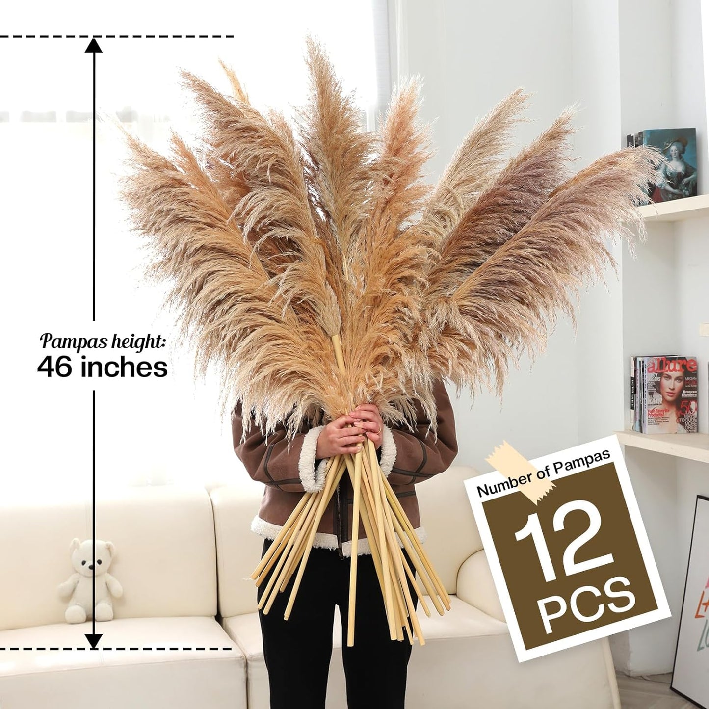 46inch 12pcs Dried Pampas Grass Decor Tall-Large Brown Pompas Grass Floral-Natural Tall Fluffy Pampas Grass Flower for Floor Vase,Wedding,Party,Living Room Floor,Boho Home Decor