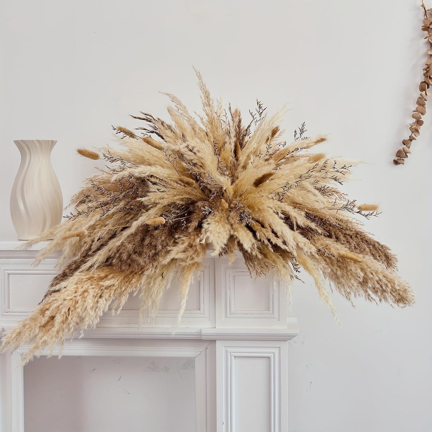 Natural Dried Flower Wall Hanging, Pampas Grass Decor,35-Inch Boho Pampas Grass, Pink Bunny Tails, Palm Leaves, Wedding Arch Decor