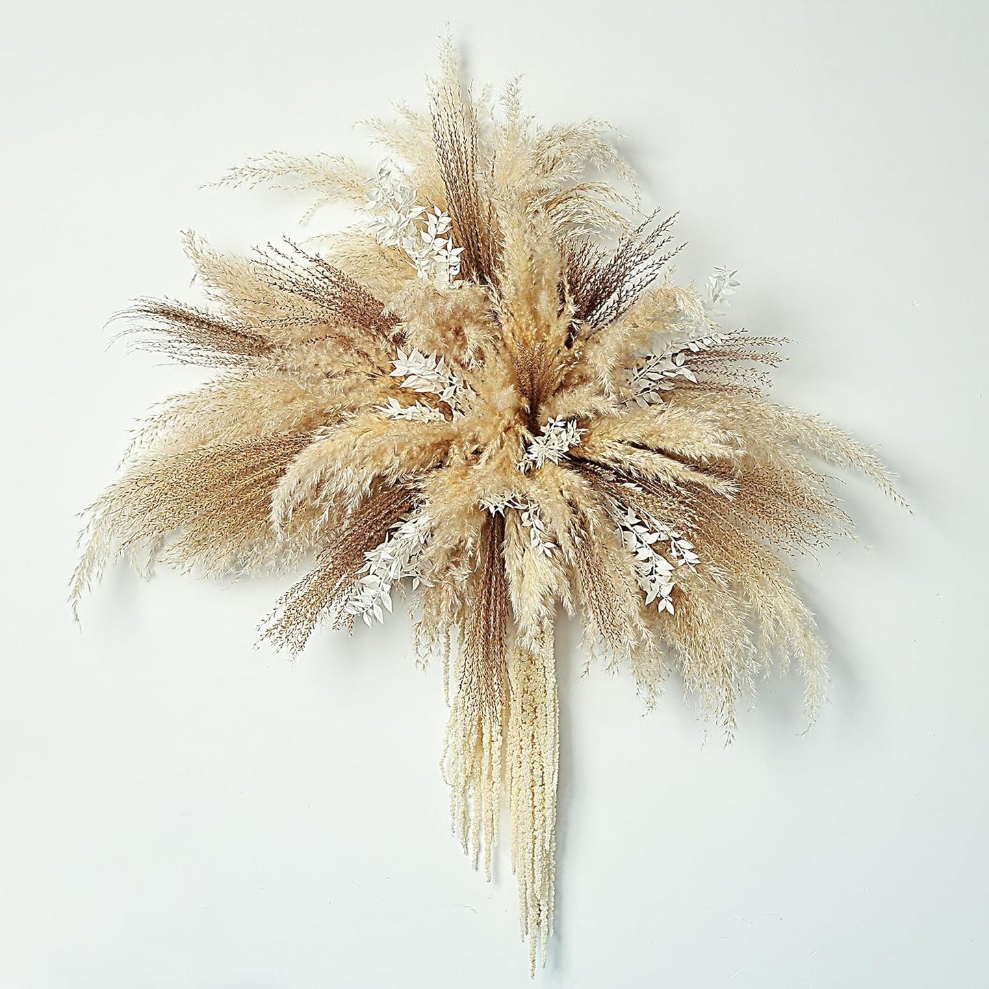 Natural Dried Flower Wall Hanging, Pampas Grass Decor,35-Inch Boho Pampas Grass, Pink Bunny Tails, Palm Leaves, Wedding Arch Decor