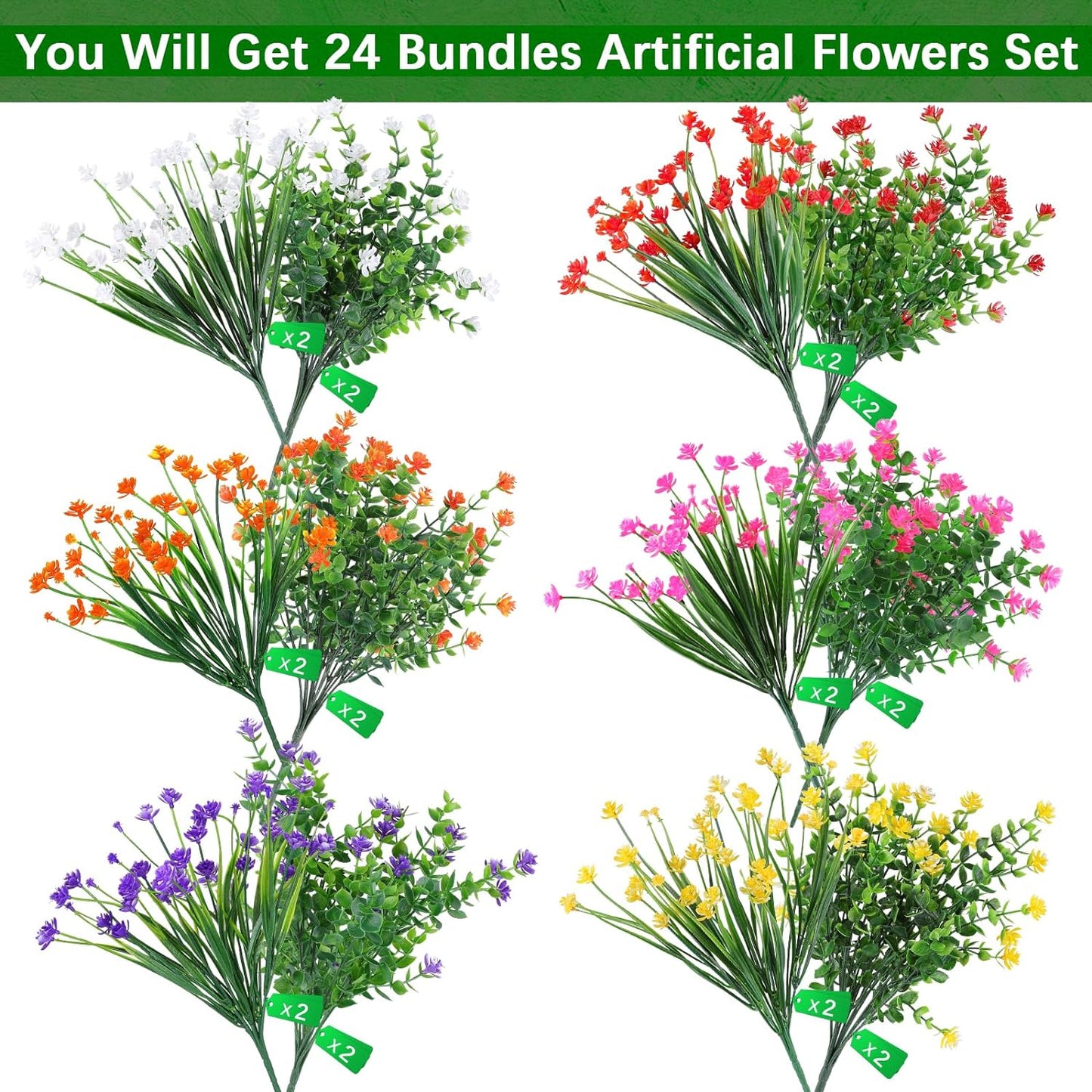 AGIRL 24 Bundles Artificial Flowers Outdoor,No Fade Fake Plastic Flowers Faux Plants for Decoration Hanging Planters Indoor Outside Garden Porch Window Box Home Farmhouse Wedding