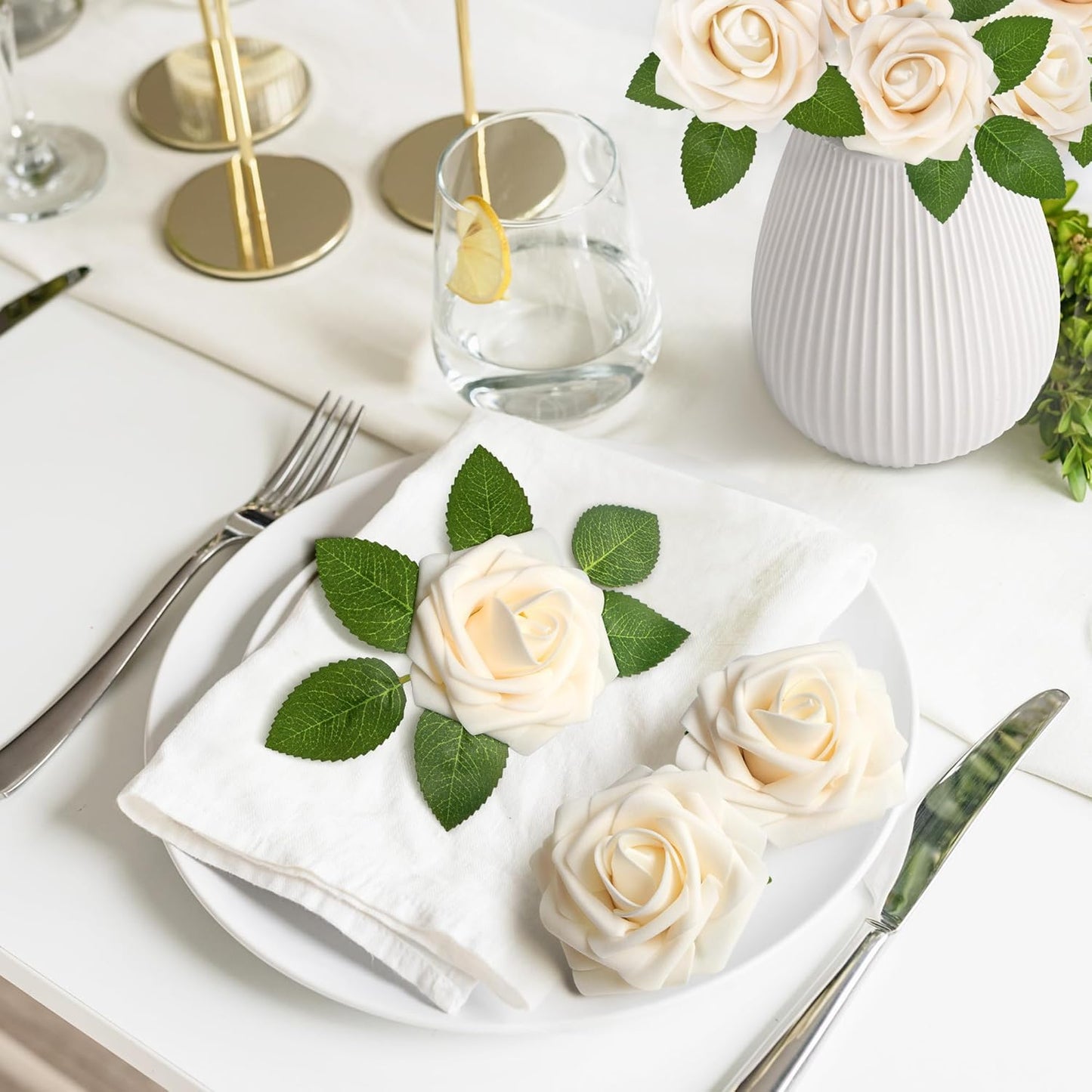 Mocoosy 50Pcs Rose Artificial Flowers, Cream White Fake Roses for Decorations, Real Touch Beige Foam Rose Bulk with Stems DIY Wedding Bouquets Floral Arrangements Bridal Shower Party Home Table Decor