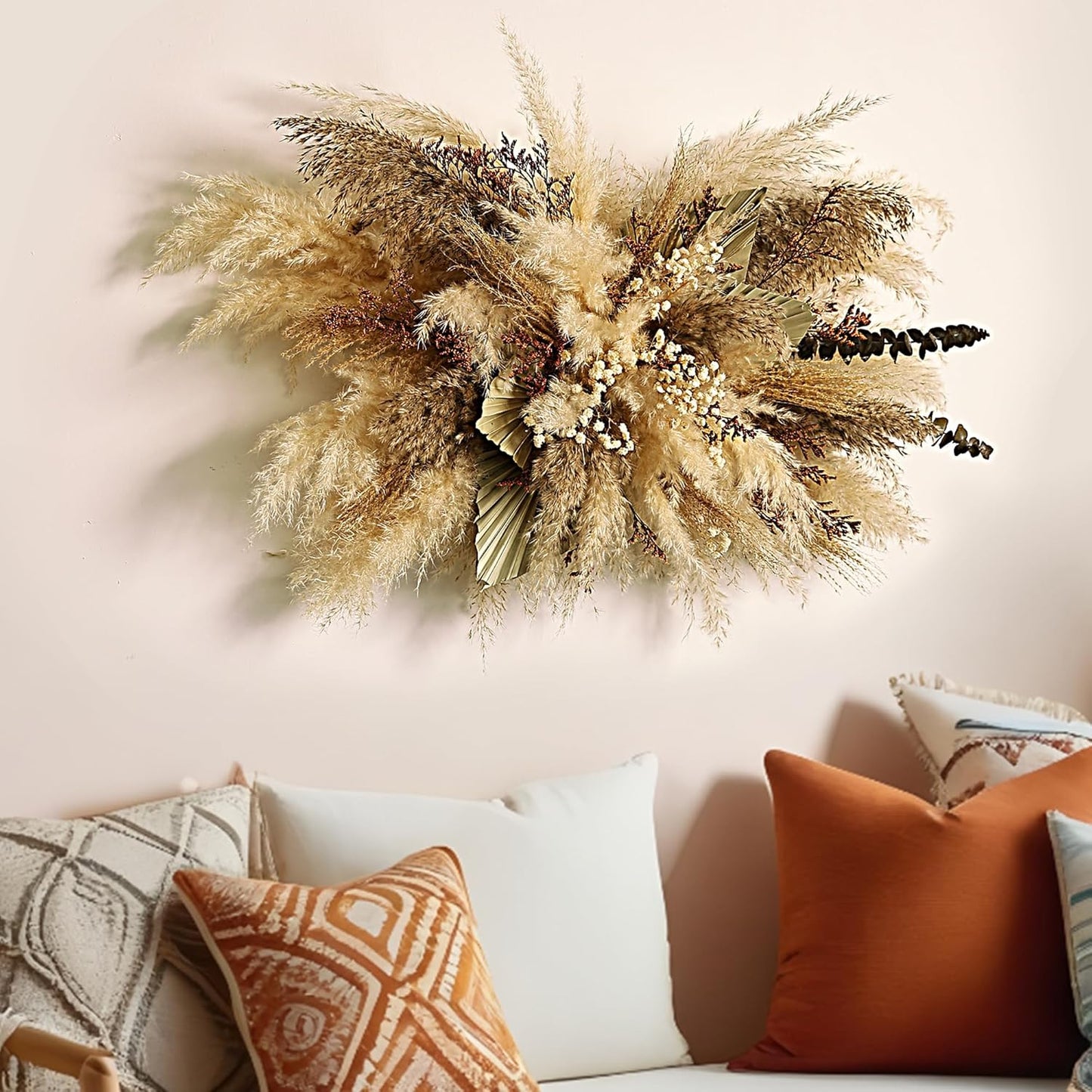 Natural Dried Flower Wall Hanging, Pampas Grass Decor,35-Inch Boho Pampas Grass, Pink Bunny Tails, Palm Leaves, Wedding Arch Decor