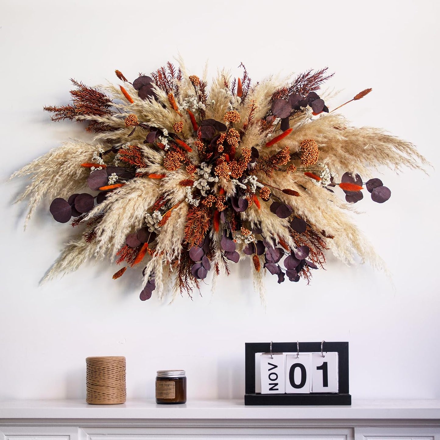 Natural Dried Flower Wall Hanging, Pampas Grass Decor,35-Inch Boho Pampas Grass, Pink Bunny Tails, Palm Leaves, Wedding Arch Decor