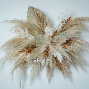 Natural Dried Flower Wall Hanging, Pampas Grass Decor,35-Inch Boho Pampas Grass, Pink Bunny Tails, Palm Leaves, Wedding Arch Decor