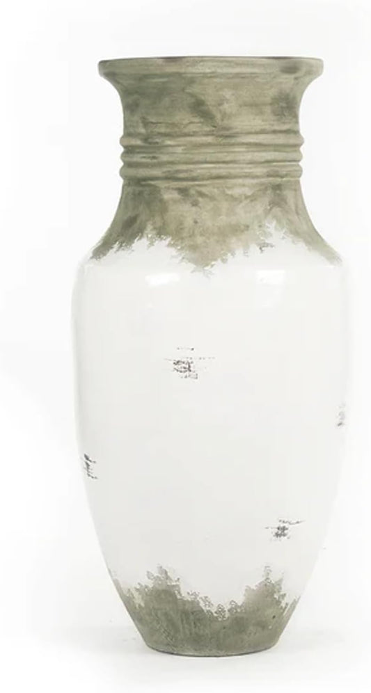 Oversized Distressed Ceramic Floor Vase – 50” Tall Decorative Clay Urn with Aged White & Sage Finish – 23"x23" Rustic Mediterranean Accent Jar for Entryways, Great Rooms & Covered Patios