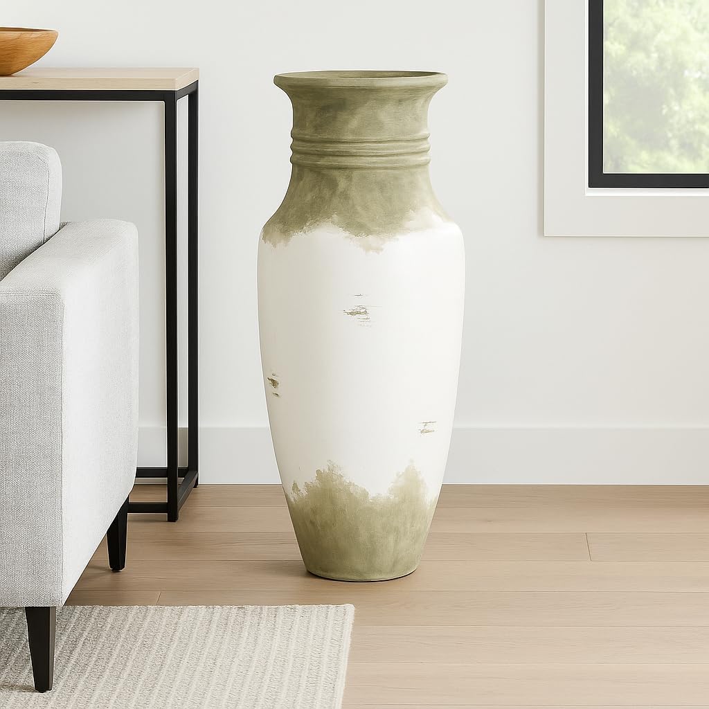 Oversized Distressed Ceramic Floor Vase – 50” Tall Decorative Clay Urn with Aged White & Sage Finish – 23"x23" Rustic Mediterranean Accent Jar for Entryways, Great Rooms & Covered Patios