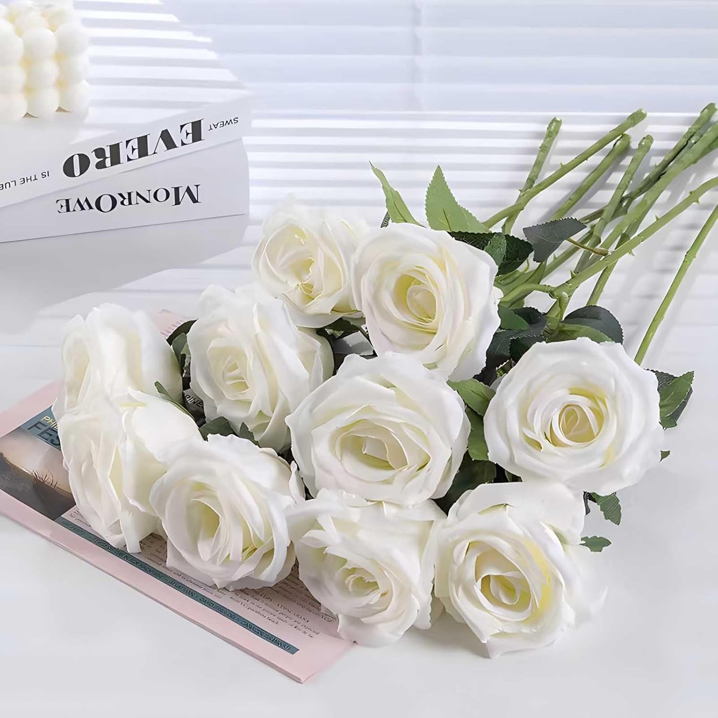 60 Pcs Artificial Roses Bulk Velvet Silk White Roses White Roses for Wedding Centerpieces Bridal Bouquet Mohter's Day Valentine's Day Home Decor (60, White)