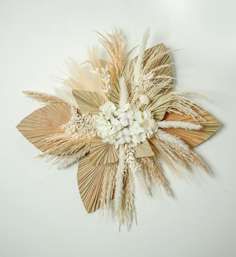Natural Dried Flower Wall Hanging, Pampas Grass Decor,35-Inch Boho Pampas Grass, Pink Bunny Tails, Palm Leaves, Wedding Arch Decor