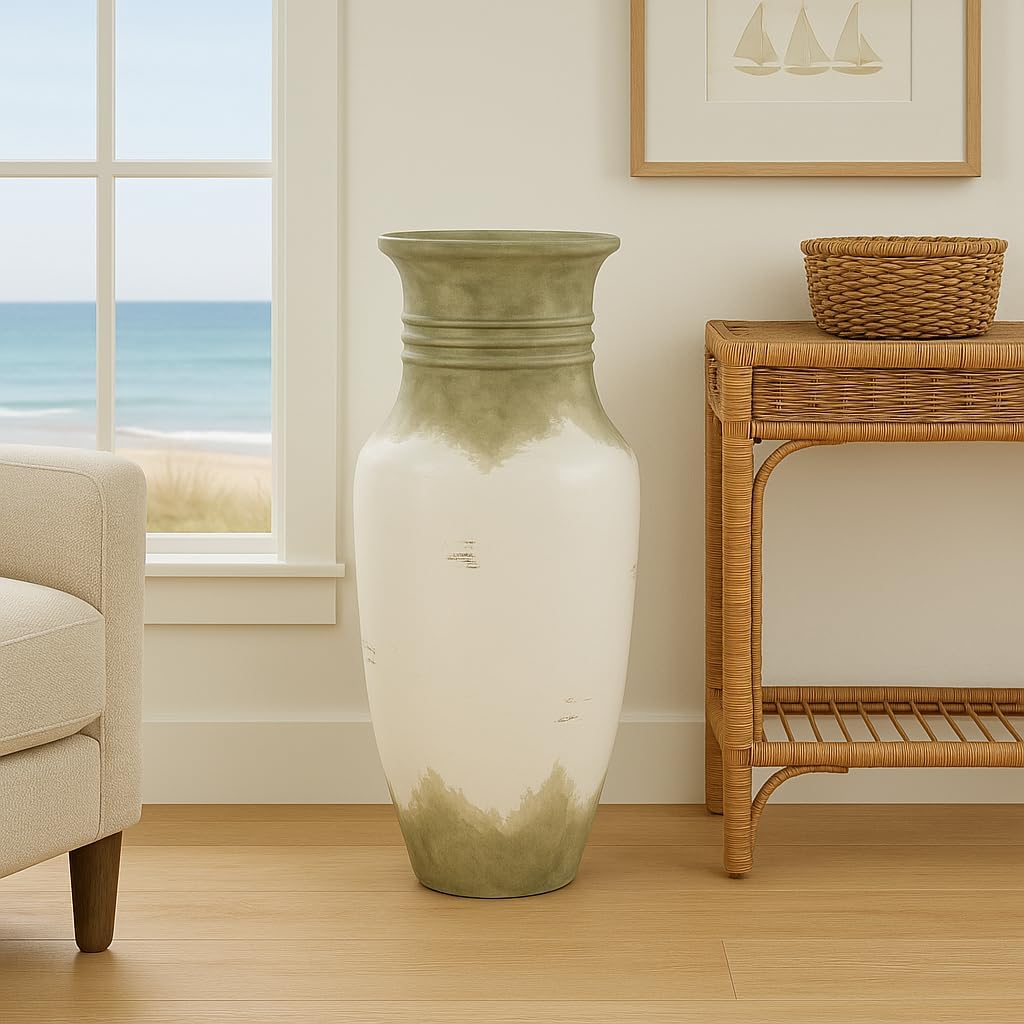 Oversized Distressed Ceramic Floor Vase – 50” Tall Decorative Clay Urn with Aged White & Sage Finish – 23"x23" Rustic Mediterranean Accent Jar for Entryways, Great Rooms & Covered Patios