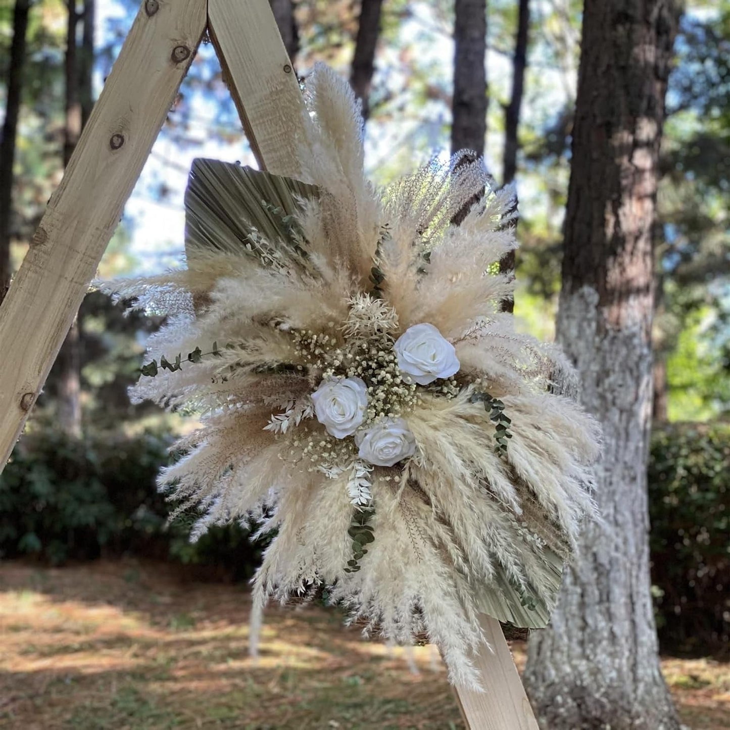 Natural Dried Flower Wall Hanging, Pampas Grass Decor,35-Inch Boho Pampas Grass, Pink Bunny Tails, Palm Leaves, Wedding Arch Decor