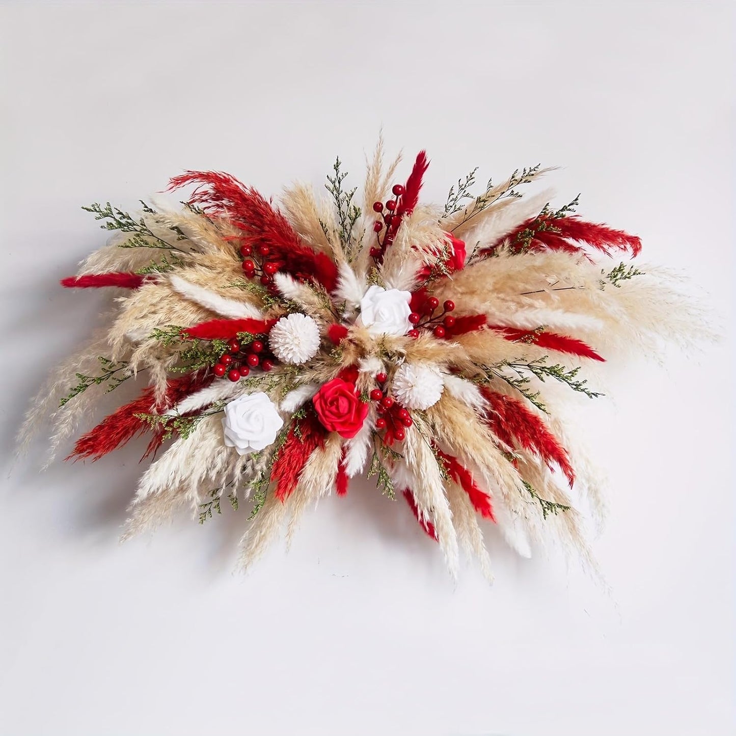 Natural Dried Flower Wall Hanging, Pampas Grass Decor,35-Inch Boho Pampas Grass, Pink Bunny Tails, Palm Leaves, Wedding Arch Decor