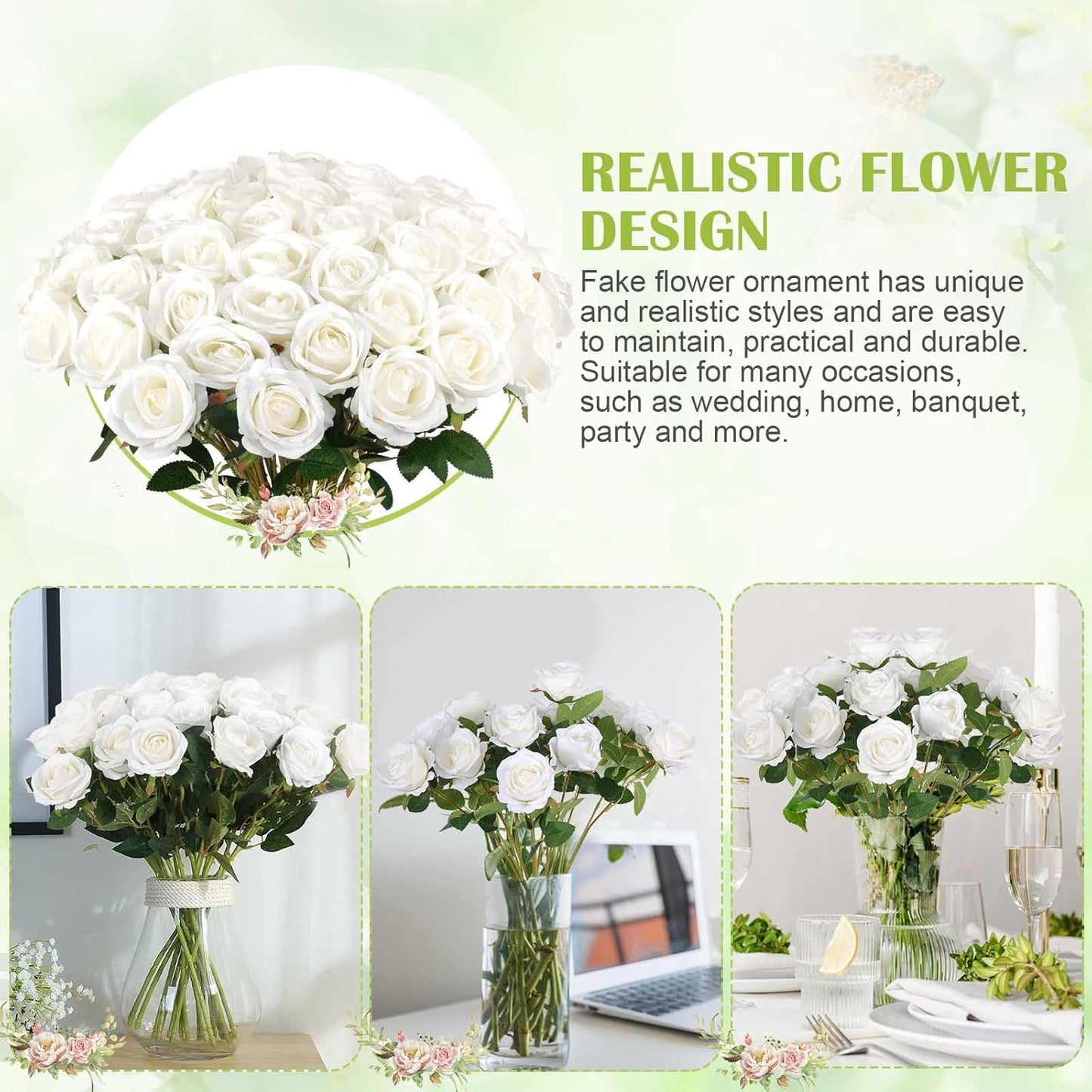 60 Pcs Artificial Roses Bulk Velvet Silk White Roses White Roses for Wedding Centerpieces Bridal Bouquet Mohter's Day Valentine's Day Home Decor (60, White)