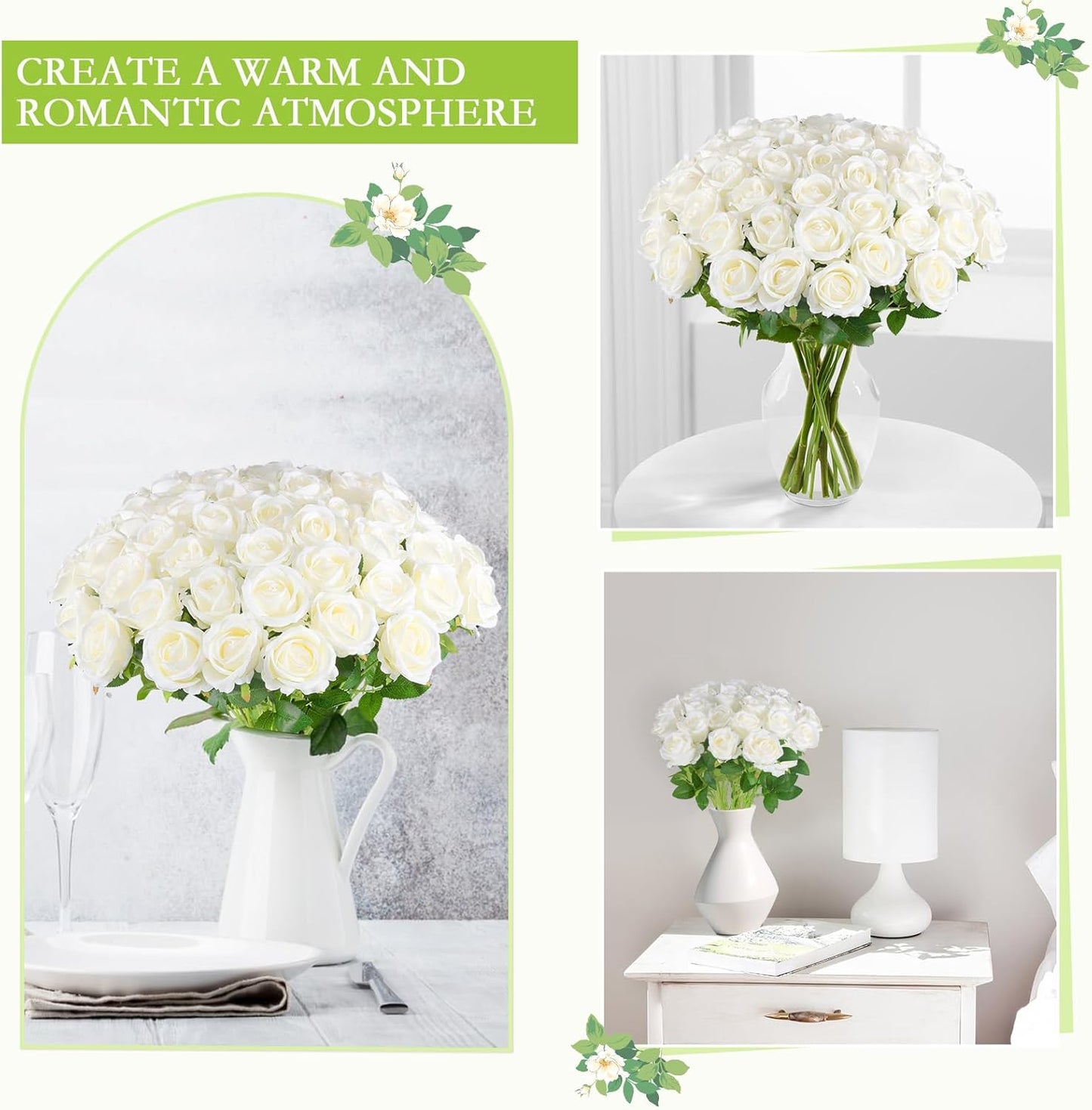 Hananona 50 Pcs Artificial Roses in Bulk, Fake Velvet Silk White Roses Realistic White Roses for Wedding Centerpieces Flower Arrangement Home Decor (50, White)