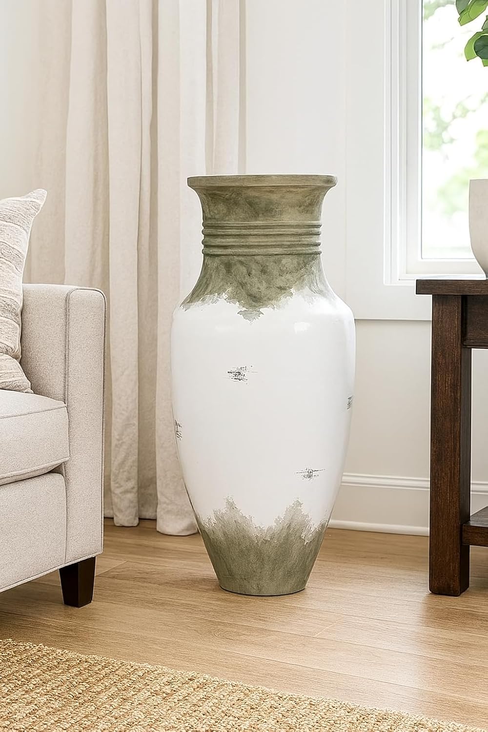 Oversized Distressed Ceramic Floor Vase – 50” Tall Decorative Clay Urn with Aged White & Sage Finish – 23"x23" Rustic Mediterranean Accent Jar for Entryways, Great Rooms & Covered Patios