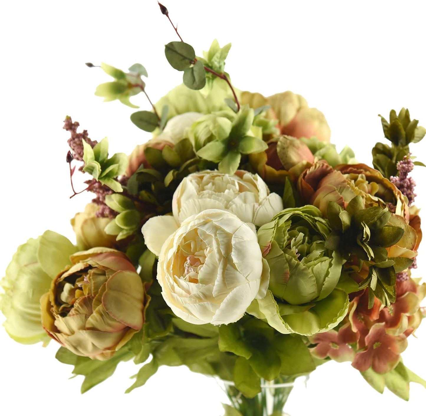 FiveSeasonStuff Mixed Cream Beige and Moss Green Vintage Artificial Silk Flower Peonies 2 Bouquets Floral