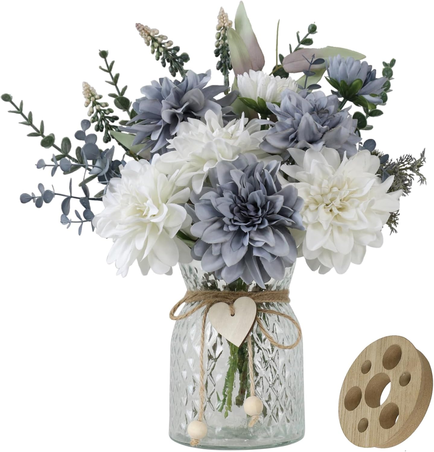 Fake Flowers in Vase,8 Dahlias,Silk Artificial Flowers in Vase,Centerpiece Table Decorations,Faux Flowers in Vase with a Flower Arrangement Holder