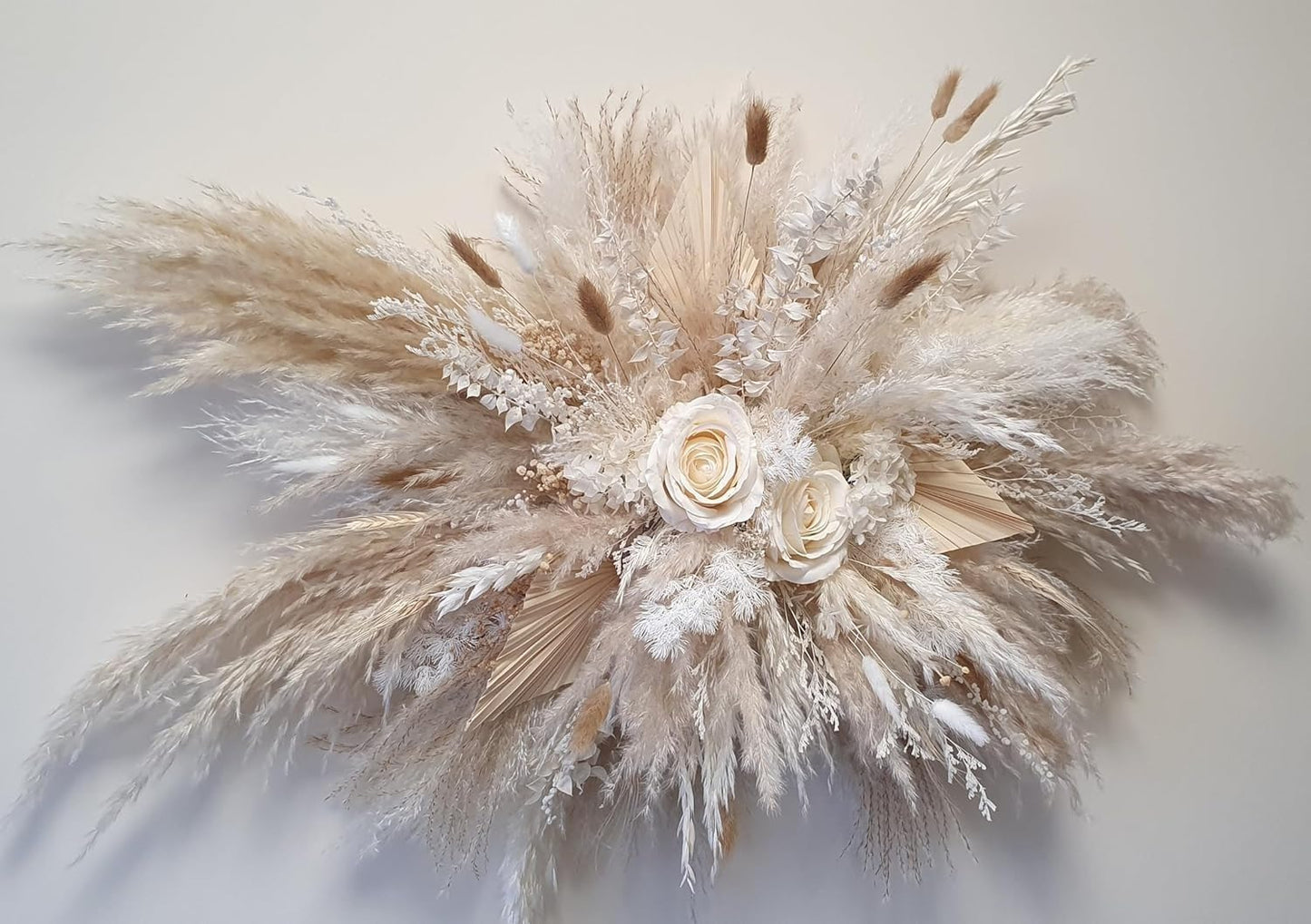 Natural Dried Flower Wall Hanging, Pampas Grass Decor,35-Inch Boho Pampas Grass, Pink Bunny Tails, Palm Leaves, Wedding Arch Decor