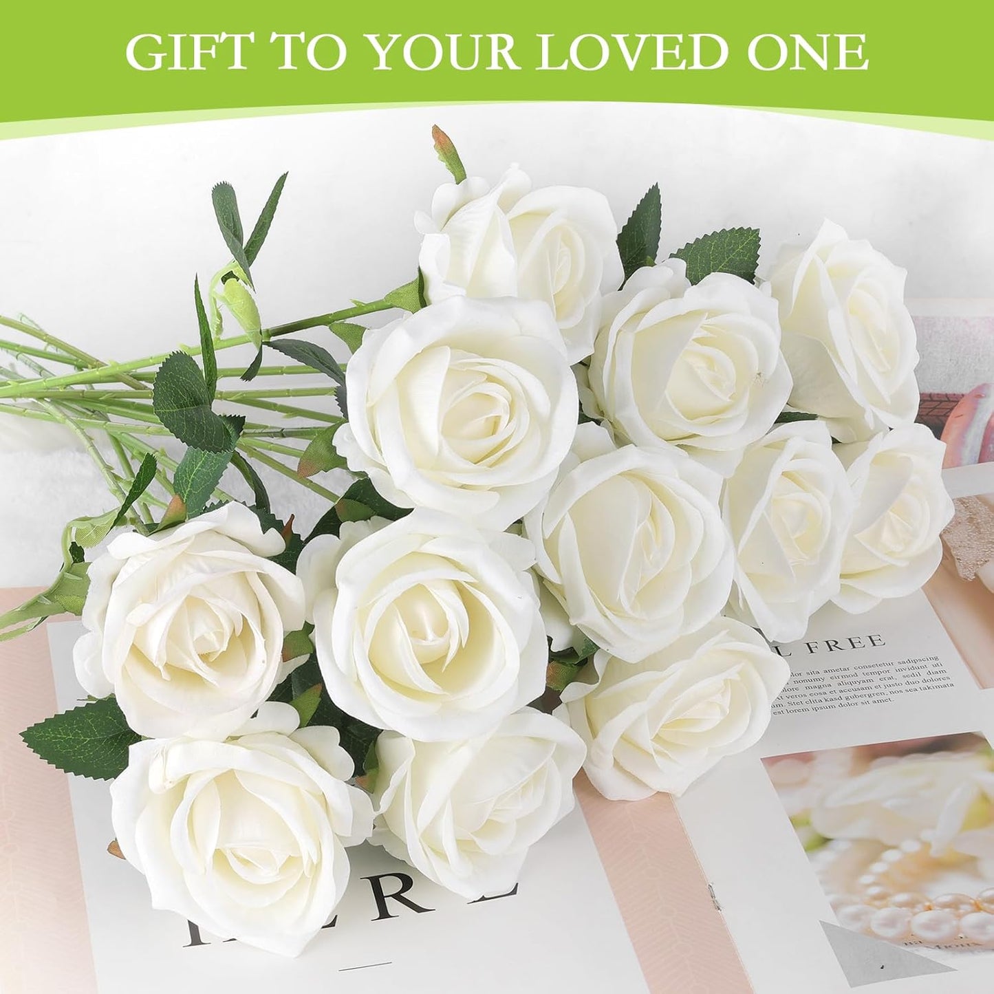 Hananona 50 Pcs Artificial Roses in Bulk, Fake Velvet Silk White Roses Realistic White Roses for Wedding Centerpieces Flower Arrangement Home Decor (50, White)