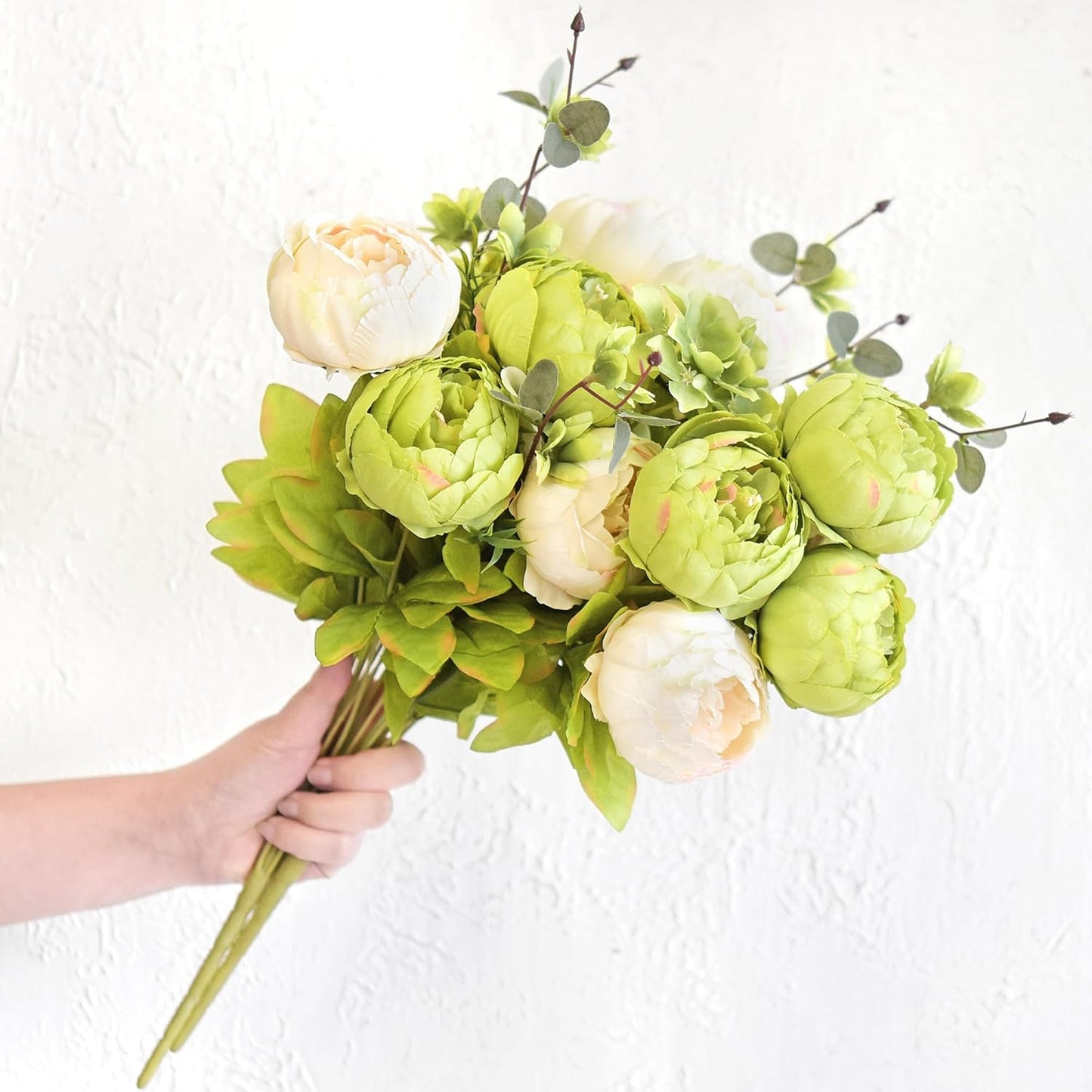 FiveSeasonStuff Mixed Cream Beige and Moss Green Vintage Artificial Silk Flower Peonies 2 Bouquets Floral