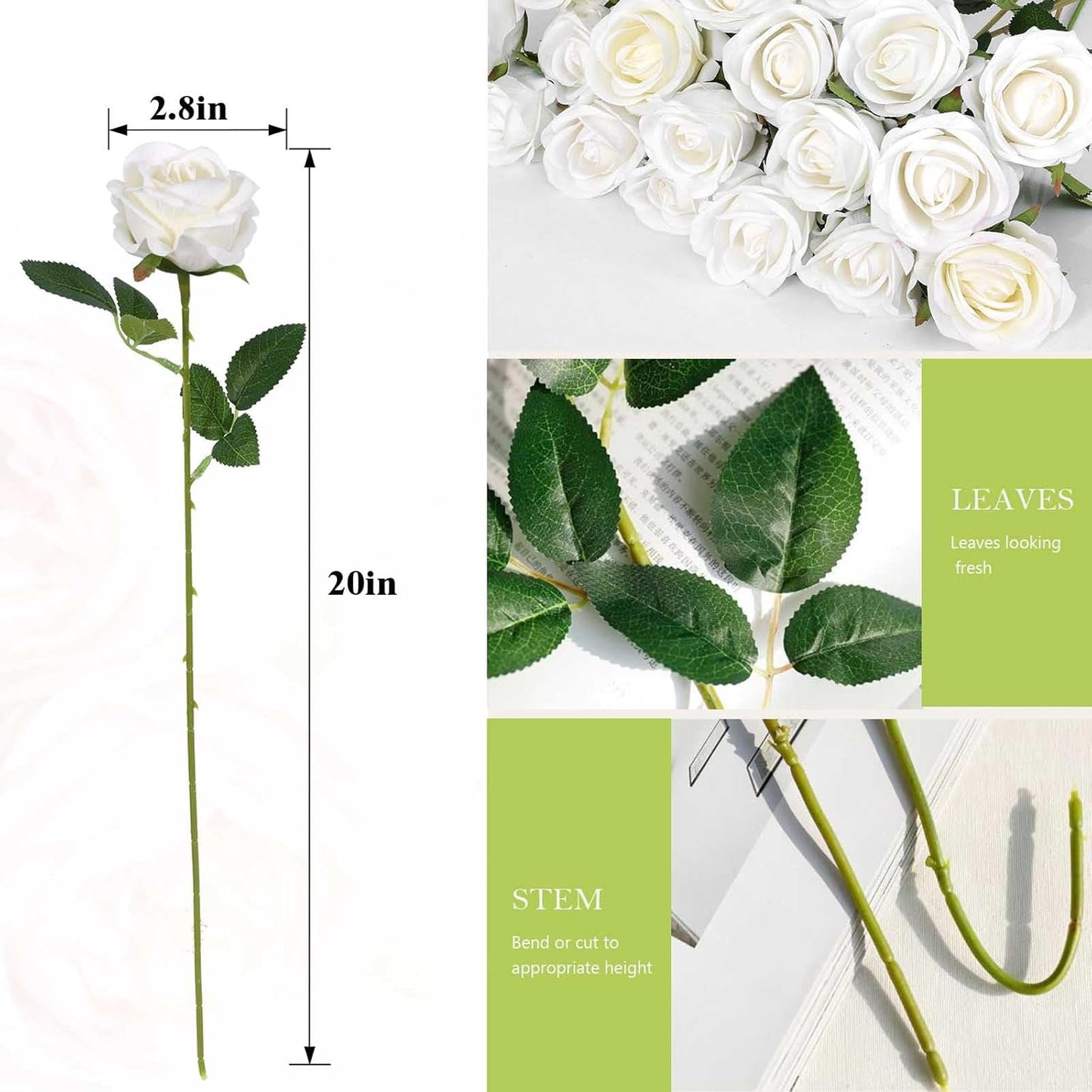 60 Pcs Artificial Roses Bulk Velvet Silk White Roses White Roses for Wedding Centerpieces Bridal Bouquet Mohter's Day Valentine's Day Home Decor (60, White)