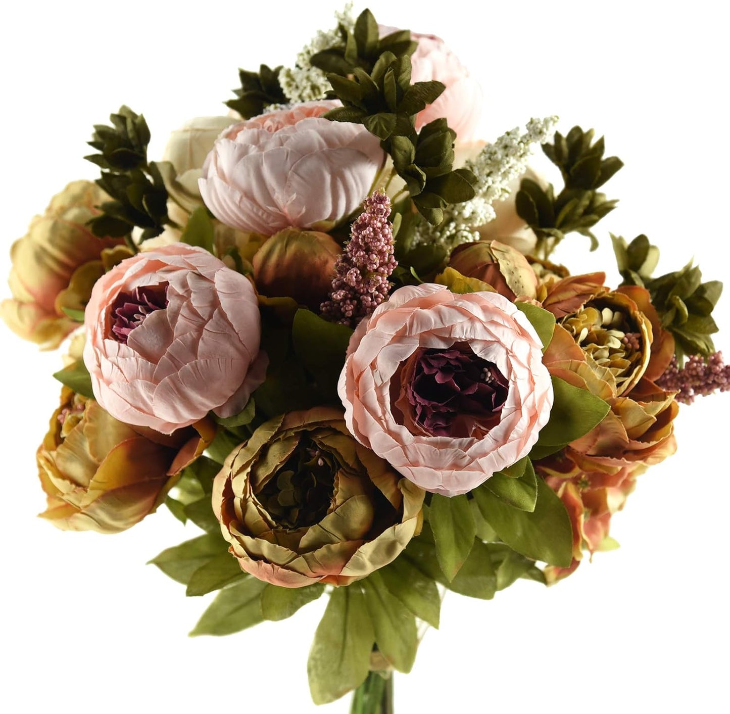 FiveSeasonStuff Mixed Cream Beige and Moss Green Vintage Artificial Silk Flower Peonies 2 Bouquets Floral