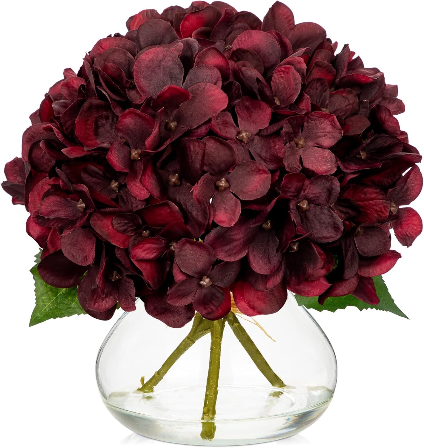 Hollyone Hydrangea Artificial Flowers with Vase White Silk Fake Flowers Arrangements in Glass Vase with Faux Water for Home Bathroom Office Table Centerpiece Shelf Decorations