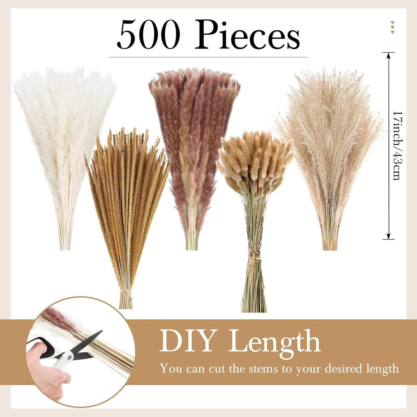 500 Pcs Dried Pampas Grass Decor, 17 Inch Dried Flower Plants bulk white and brown Pampas Grass Reed Bunny Tails Bouquet for Wedding Boho Table Decor Rustic Farmhouse Party decoration