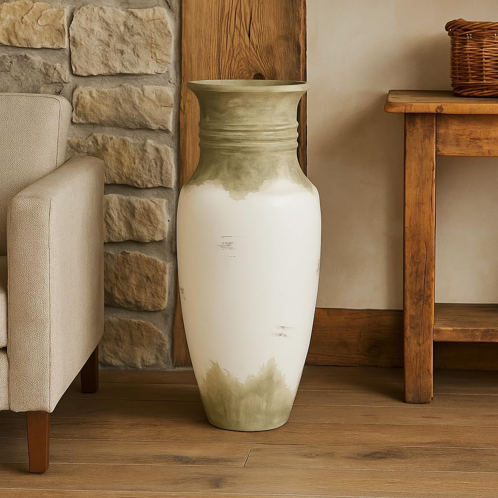 Oversized Distressed Ceramic Floor Vase – 50” Tall Decorative Clay Urn with Aged White & Sage Finish – 23"x23" Rustic Mediterranean Accent Jar for Entryways, Great Rooms & Covered Patios
