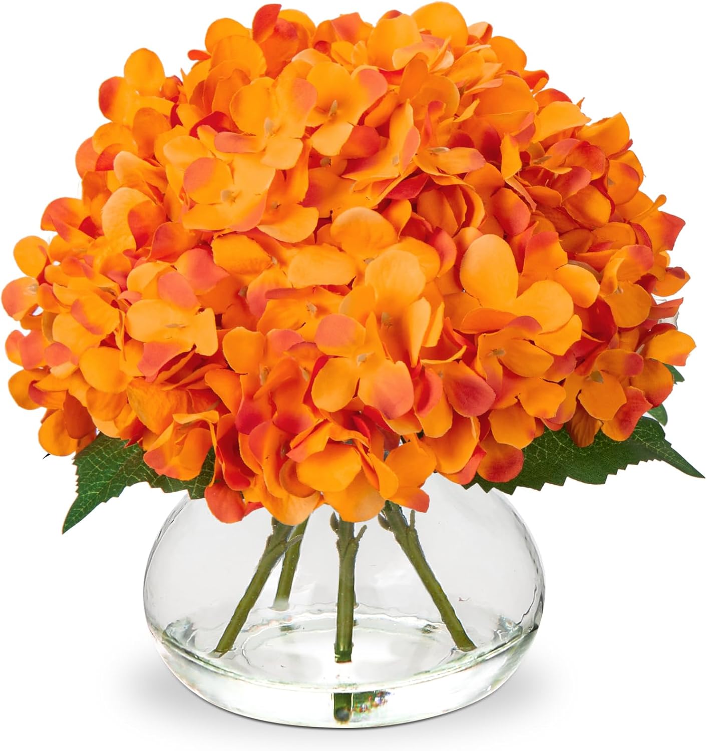 Hollyone Hydrangea Artificial Flowers with Vase White Silk Fake Flowers Arrangements in Glass Vase with Faux Water for Home Bathroom Office Table Centerpiece Shelf Decorations