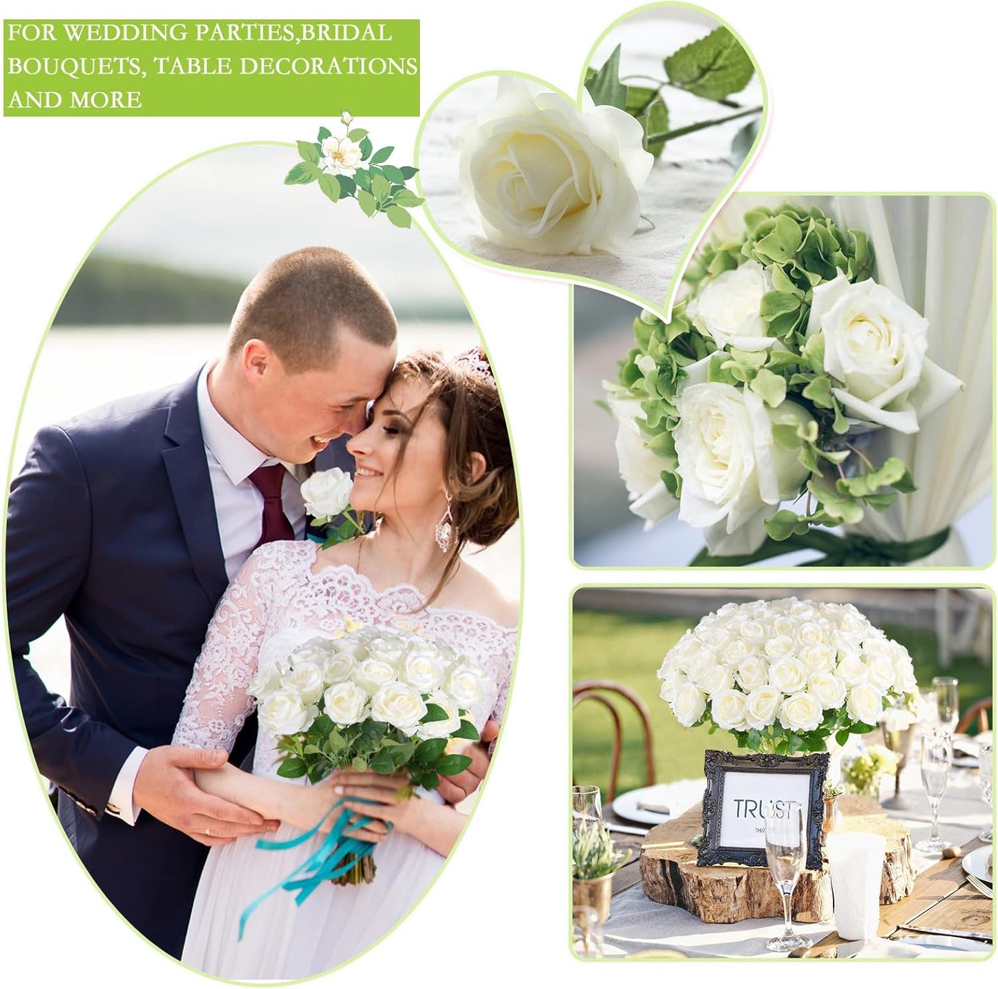 Hananona 50 Pcs Artificial Roses in Bulk, Fake Velvet Silk White Roses Realistic White Roses for Wedding Centerpieces Flower Arrangement Home Decor (50, White)