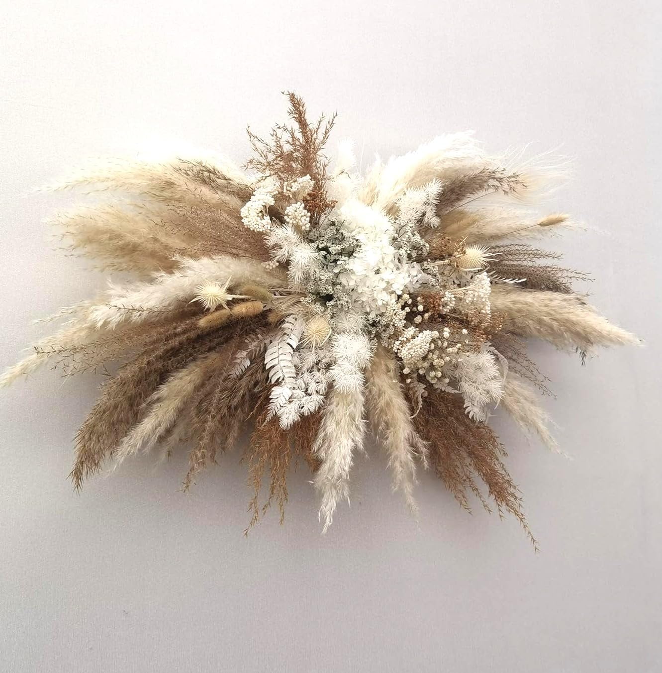 Natural Dried Flower Wall Hanging, Pampas Grass Decor,35-Inch Boho Pampas Grass, Pink Bunny Tails, Palm Leaves, Wedding Arch Decor