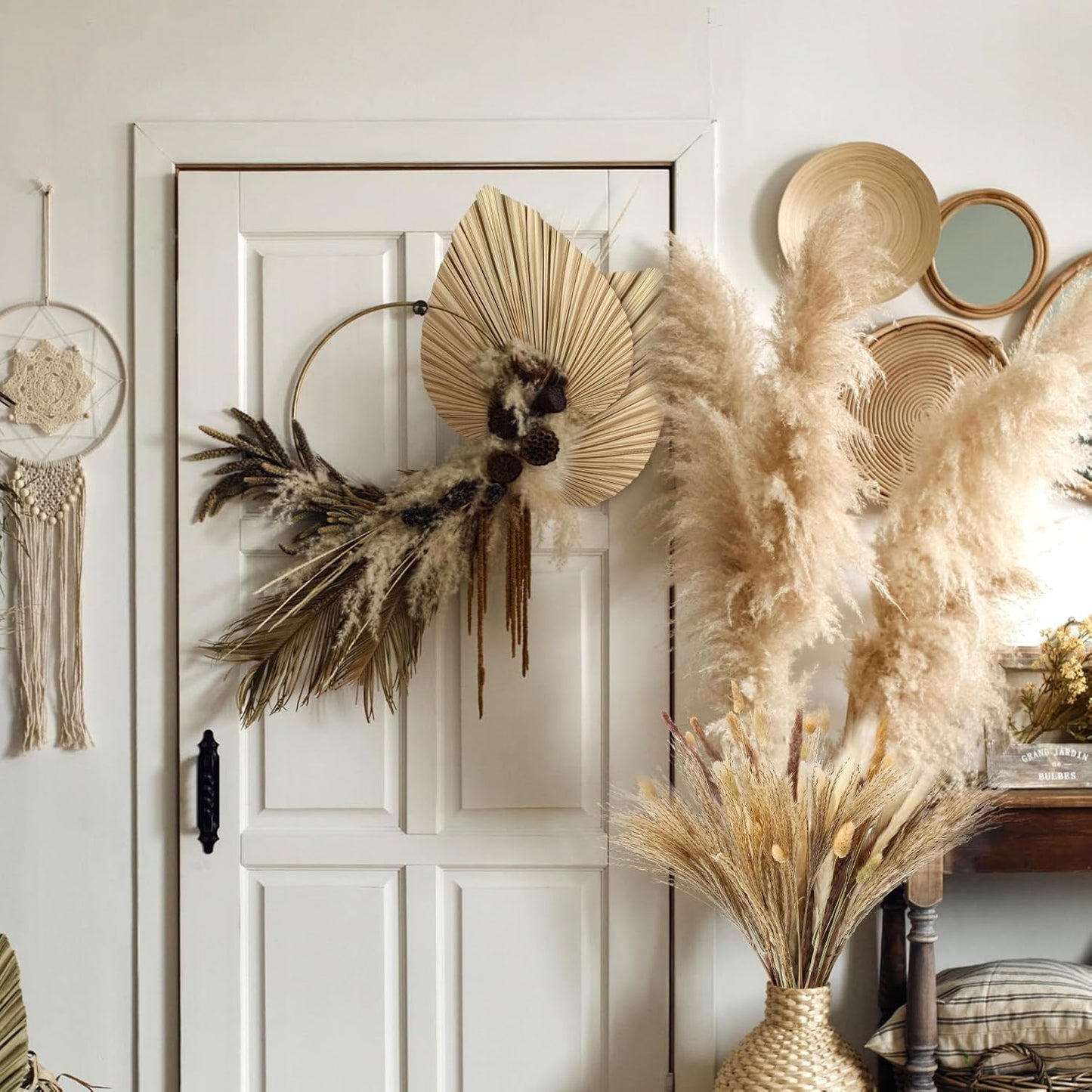 105 Pcs Boho Dried Pampas Grass Decor Bulk, Large Dried Palm Spears Bunny Tails Pampas Reed Grass Dried Palm Leaves Dried Flower Bouquet Boho Centerpieces for Wedding Home Tables Decor