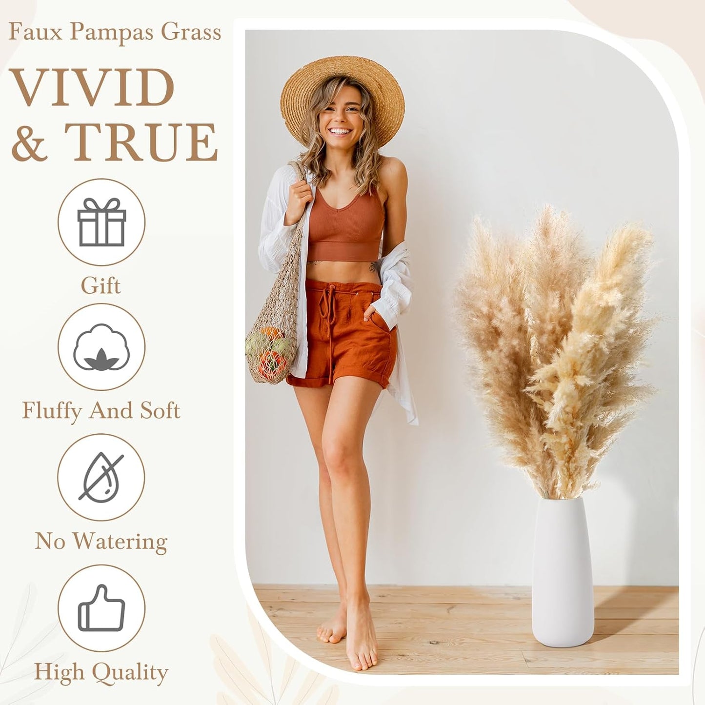 Tigeen 40 Stems Natural Dried Pampas Grass Decor, Large Pampas Grass for Tall Floor Vase, Natural Beige Pompas, Dried Flower Bouquet for Wedding, Party, Farmhouse, Boho Home Decor, 40 Inch