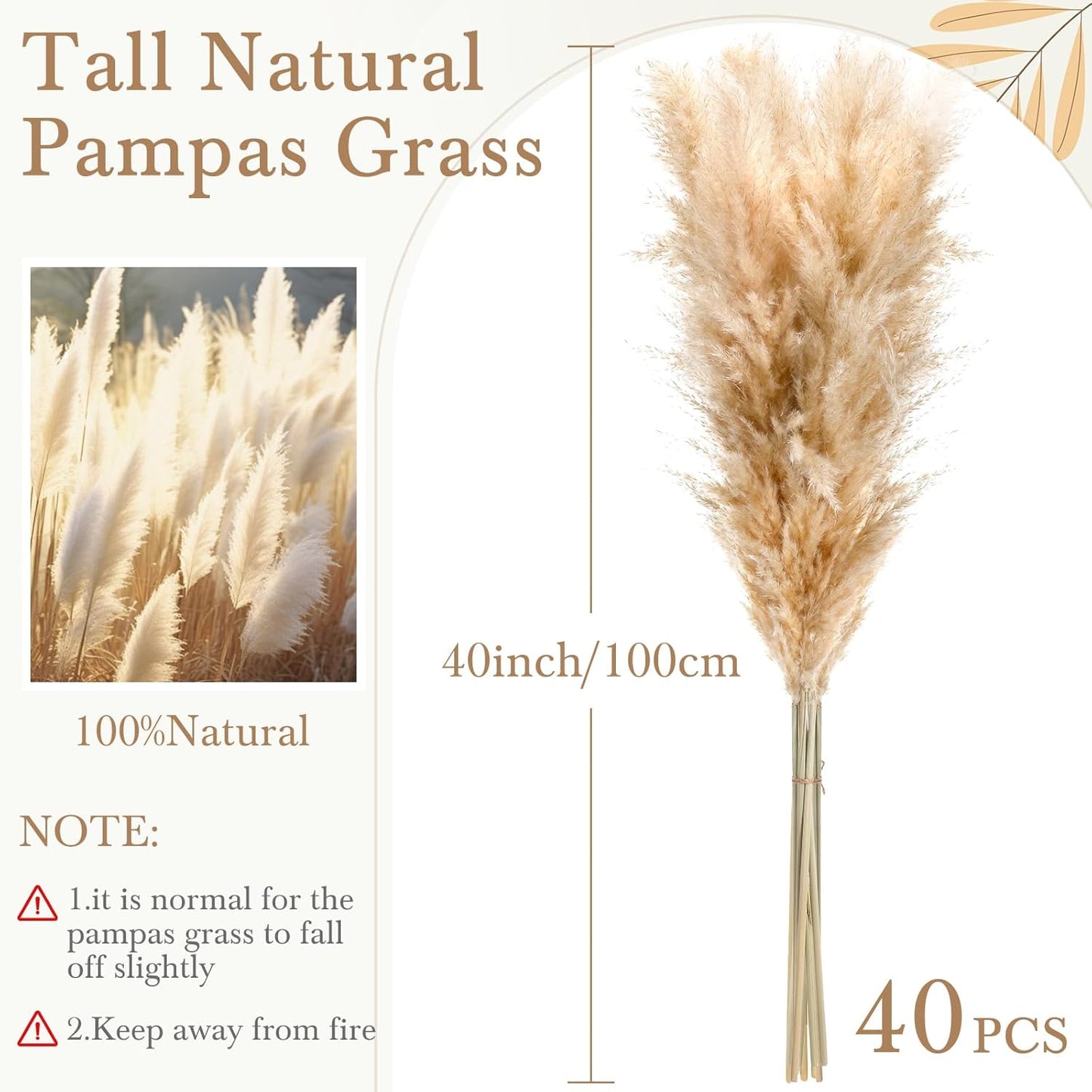 Tigeen 40 Stems Natural Dried Pampas Grass Decor, Large Pampas Grass for Tall Floor Vase, Natural Beige Pompas, Dried Flower Bouquet for Wedding, Party, Farmhouse, Boho Home Decor, 40 Inch