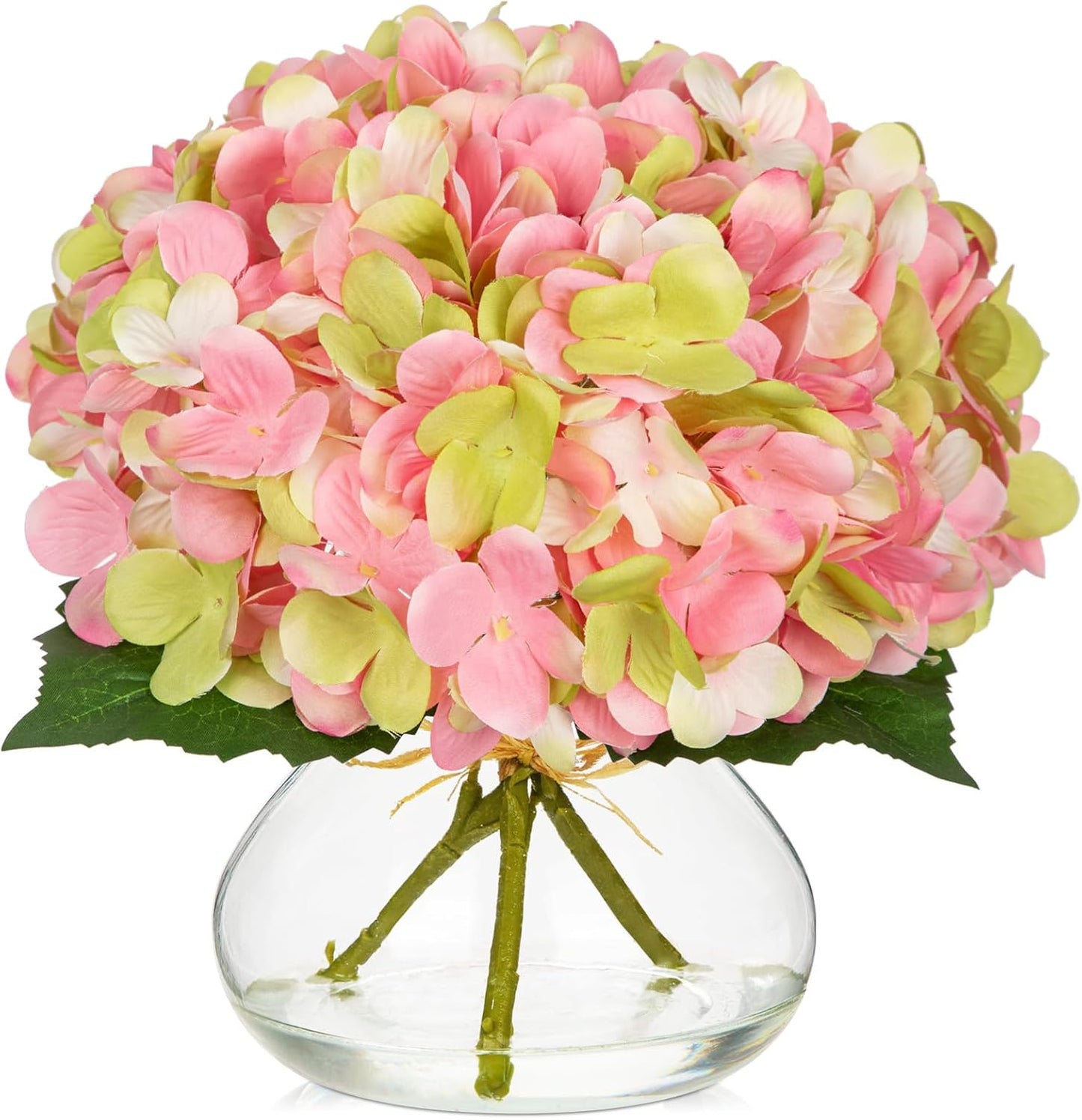 Hollyone Hydrangea Artificial Flowers with Vase White Silk Fake Flowers Arrangements in Glass Vase with Faux Water for Home Bathroom Office Table Centerpiece Shelf Decorations